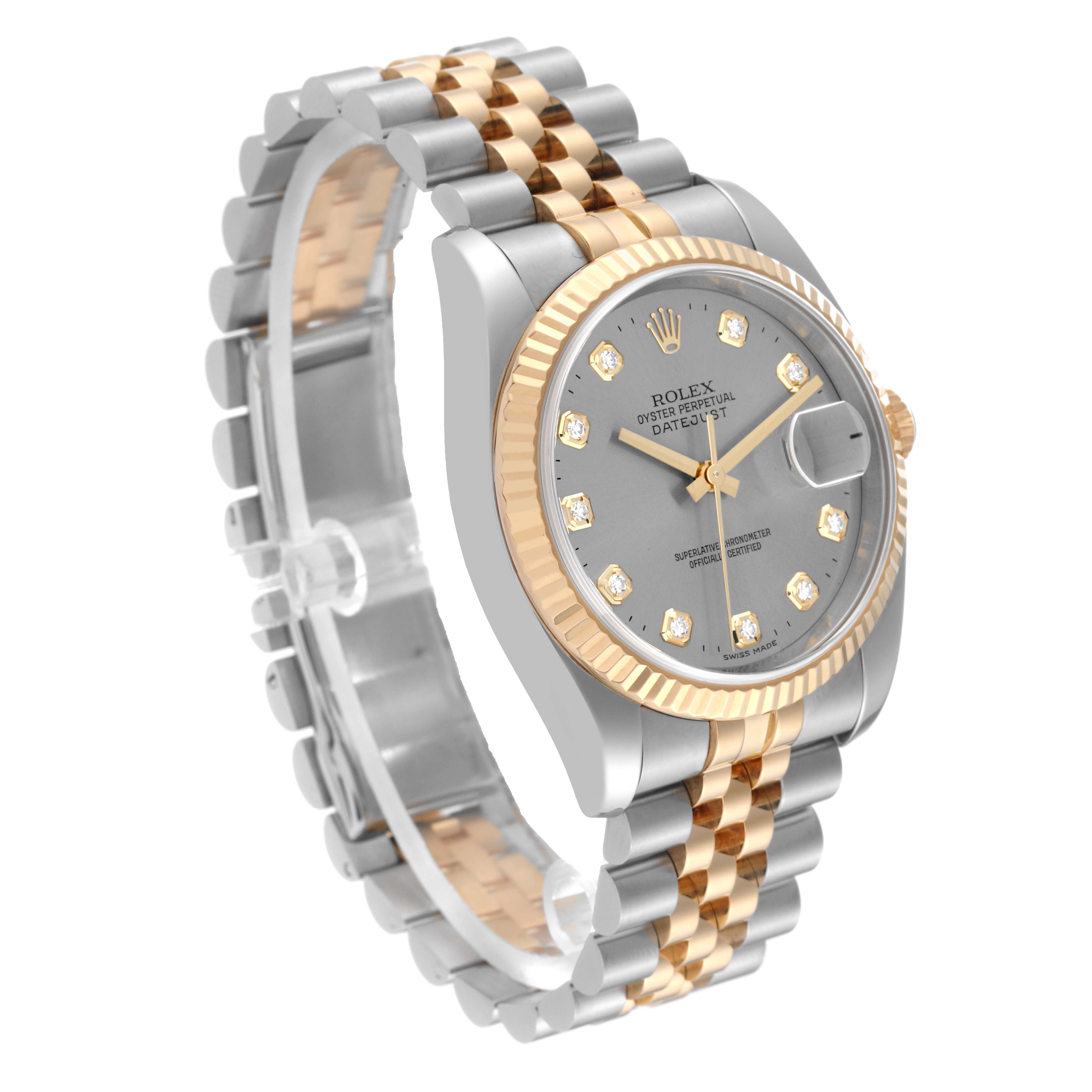 This image shows a Rolex Datejust 116233 Men's Steel and Gold (two tone) Silver Dial 116233 Men's Steel and Gold (two tone) Silver Dial watch at a three-quarter angle, showcasing its dial, bezel, and bracelet.