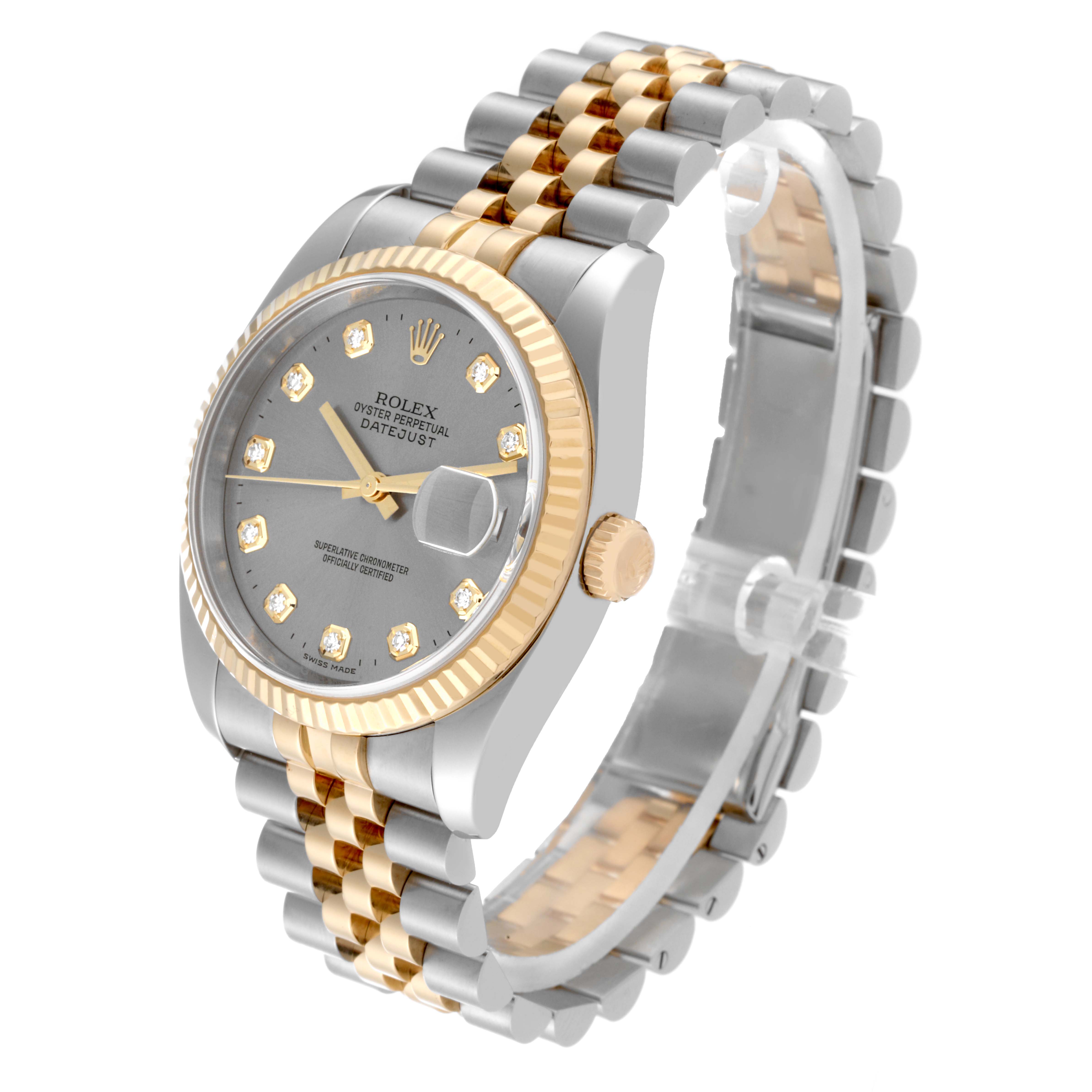 The Rolex Datejust 116233 Men's Steel and Gold (two tone) Silver Dial 116233 Men's Steel and Gold (two tone) Silver Dial watch is shown at a three-quarter angle, displaying its two-tone bracelet, fluted bezel, and diamond-set dial.