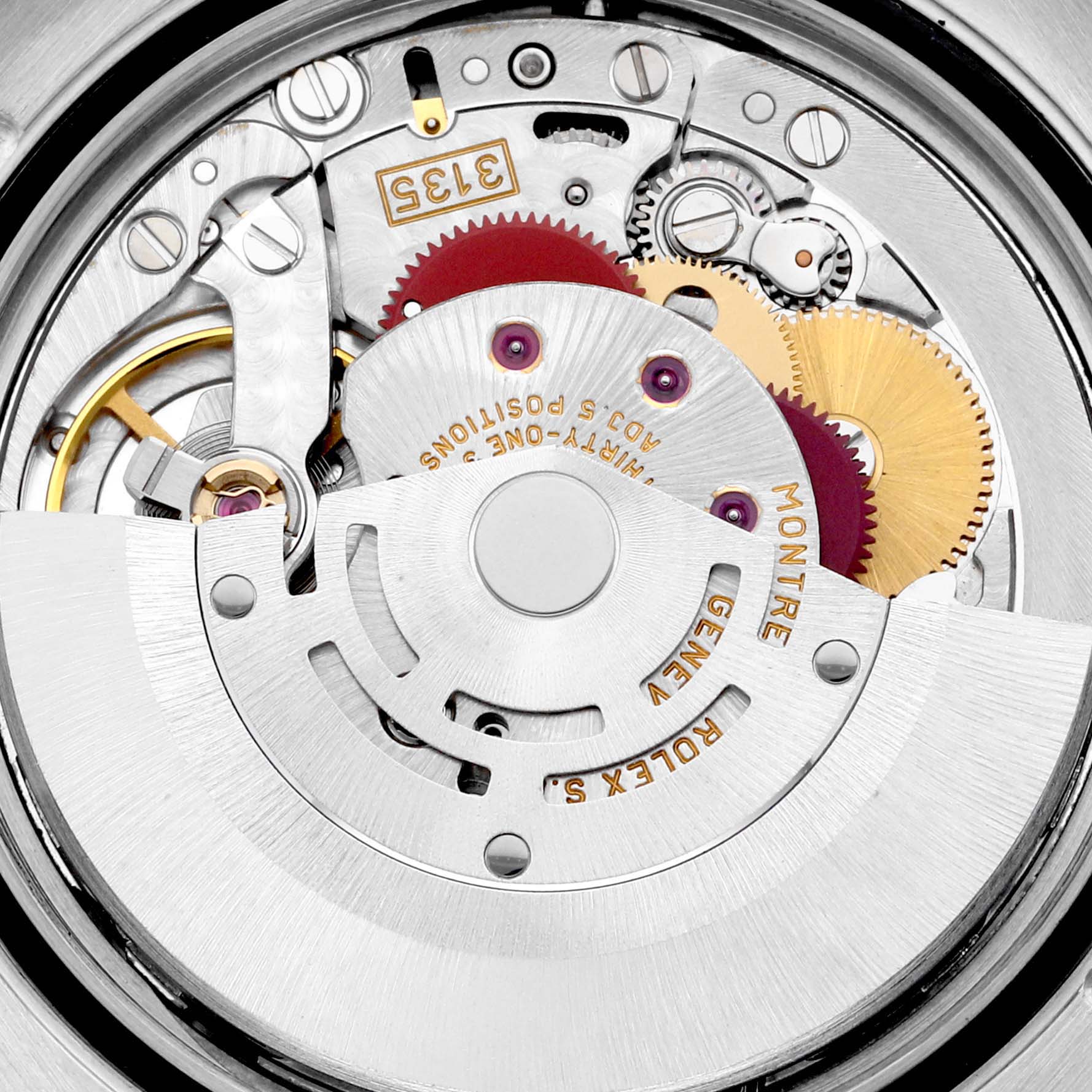 This close-up image shows the intricate movement and mechanics inside a Rolex Datejust 116233 Men's Steel and Gold (two tone) Silver Dial 116233 Men's Steel and Gold (two tone) Silver Dial watch.