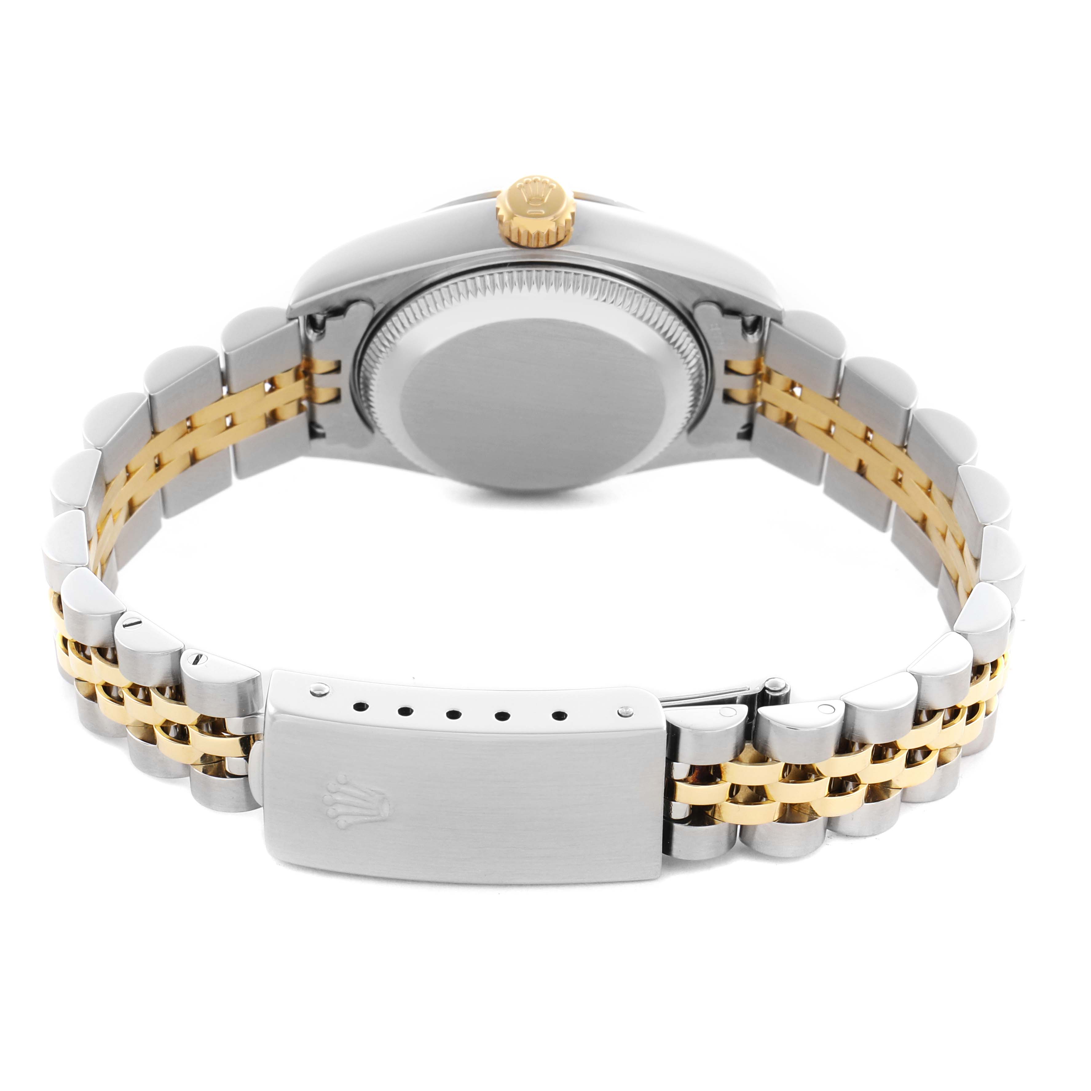 The image shows the back of a Rolex Datejust 79173 Women's Steel and Gold (two tone) Champagne Dial 79173 Women's Steel and Gold (two tone) Champagne Dial, highlighting its two-tone bracelet, clasp, and case back.