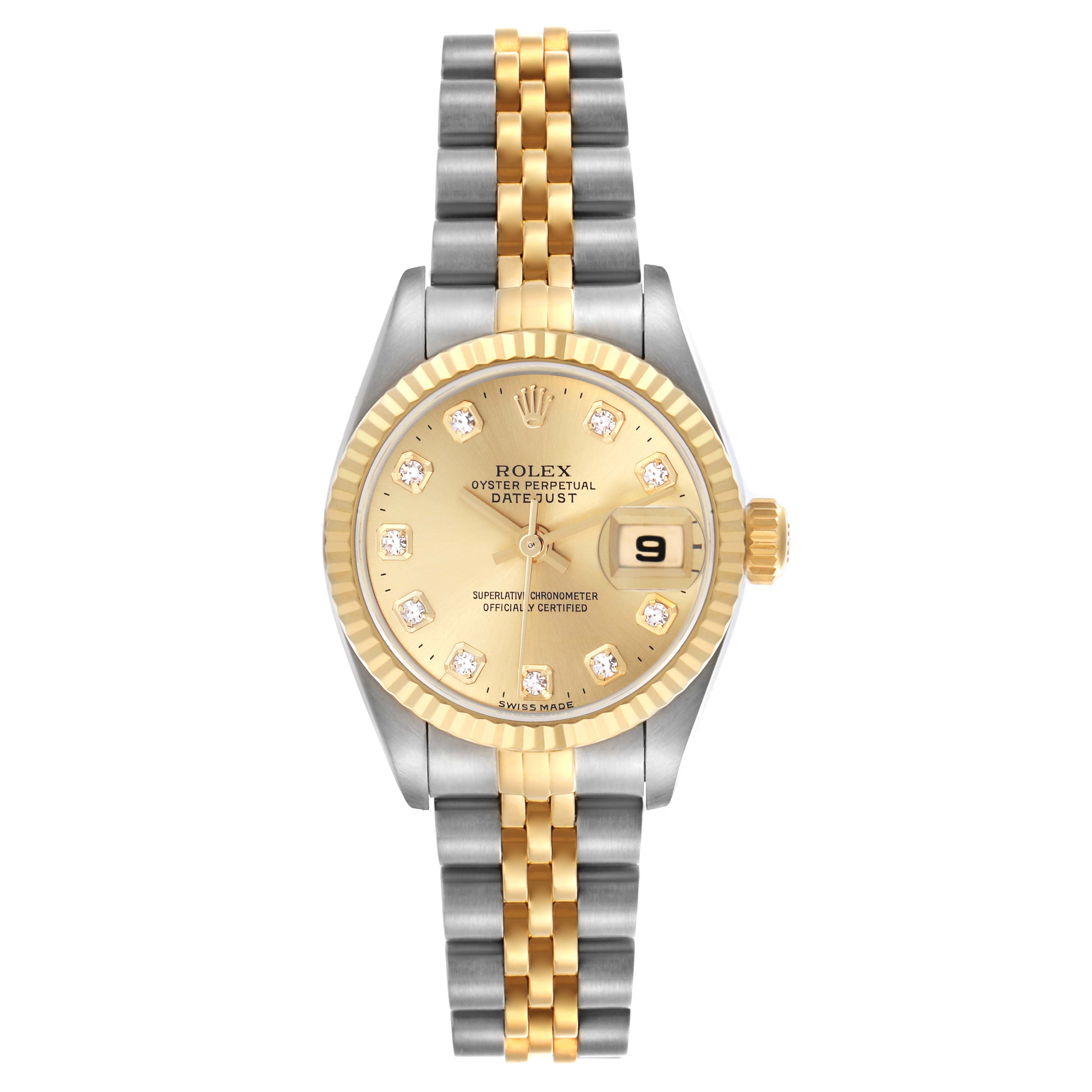 The Rolex Datejust 79173 Women's Steel and Gold (two tone) Champagne Dial 79173 Women's Steel and Gold (two tone) Champagne Dial watch is shown from a top view, displaying its face, bezel, two-tone bracelet, and crown.