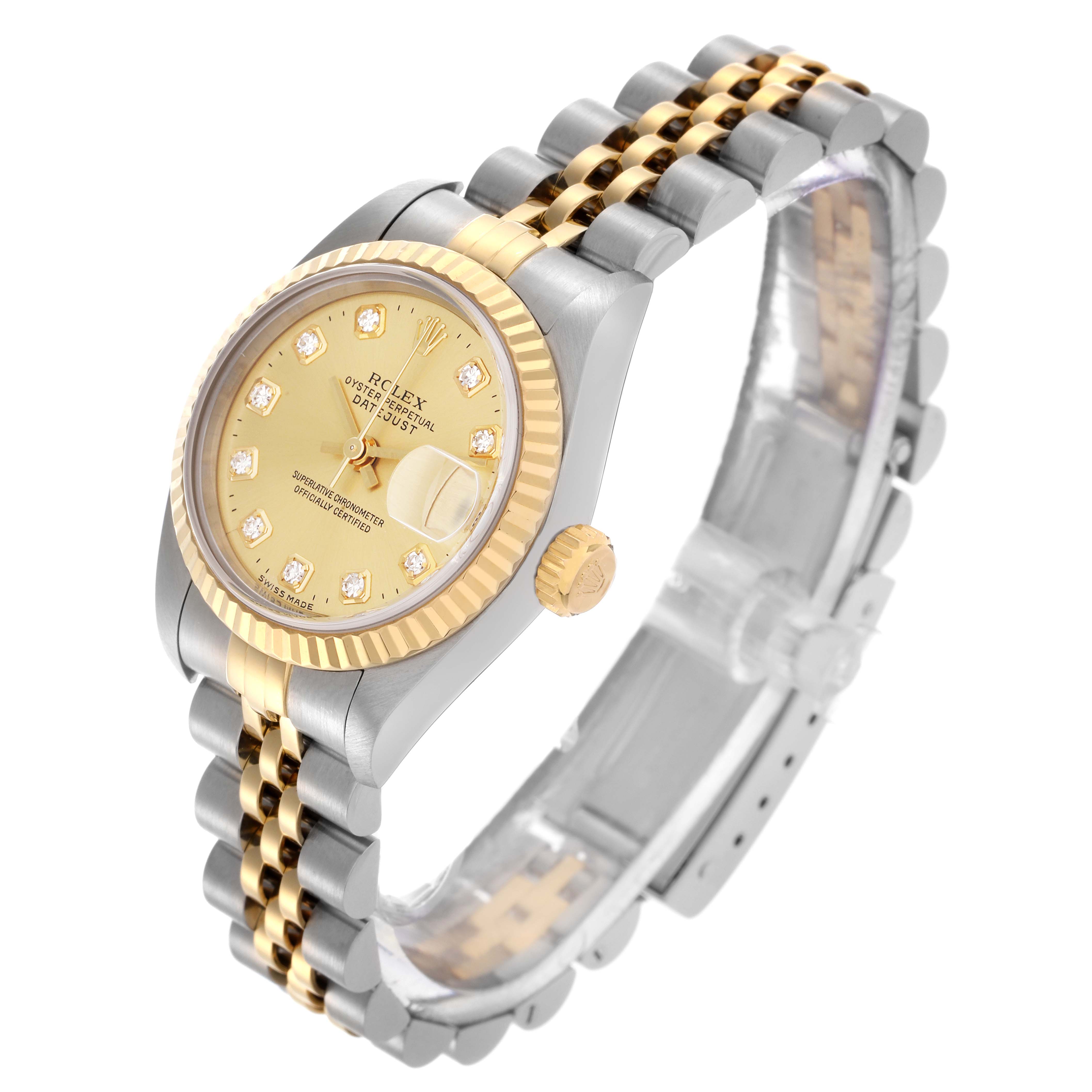 The Rolex Datejust 79173 Women's Steel and Gold (two tone) Champagne Dial 79173 Women's Steel and Gold (two tone) Champagne Dial watch is shown at a three-quarter angle displaying the dial, bezel, crown, and bracelet.