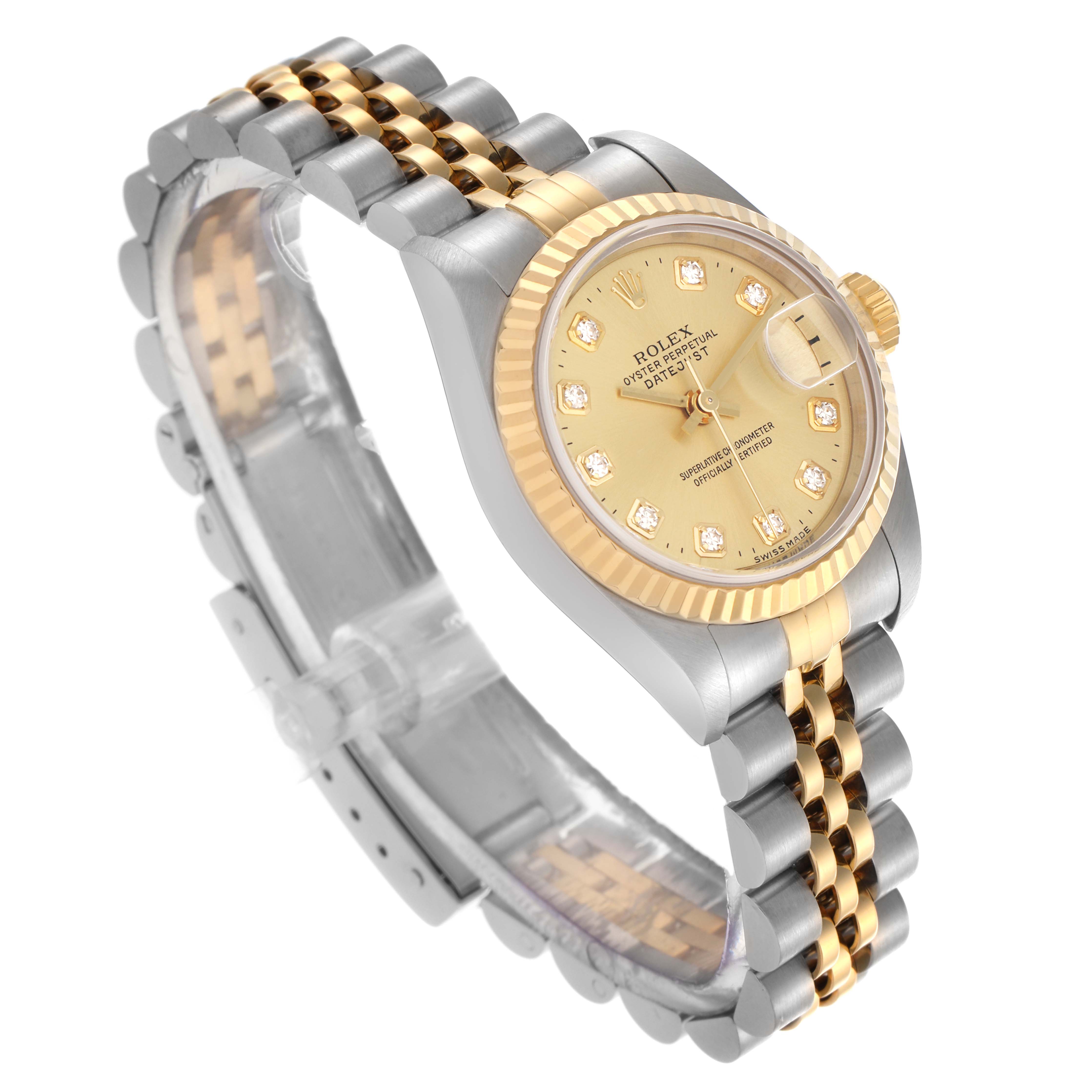 The Rolex Datejust 79173 Women's Steel and Gold (two tone) Champagne Dial 79173 Women's Steel and Gold (two tone) Champagne Dial is shown at a slight angle, highlighting the face, bezel, and two-tone bracelet.