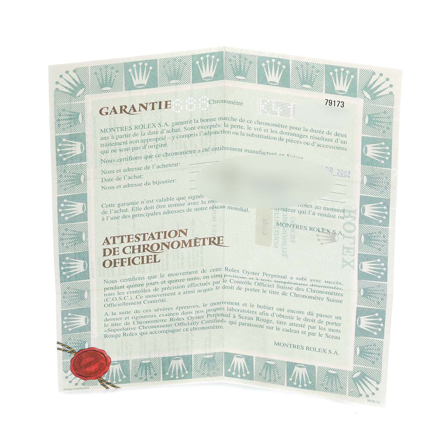 This image shows the guarantee and chronometer certification paperwork for a Rolex Datejust 79173 Women's Steel and Gold (two tone) Champagne Dial 79173 Women's Steel and Gold (two tone) Champagne Dial.