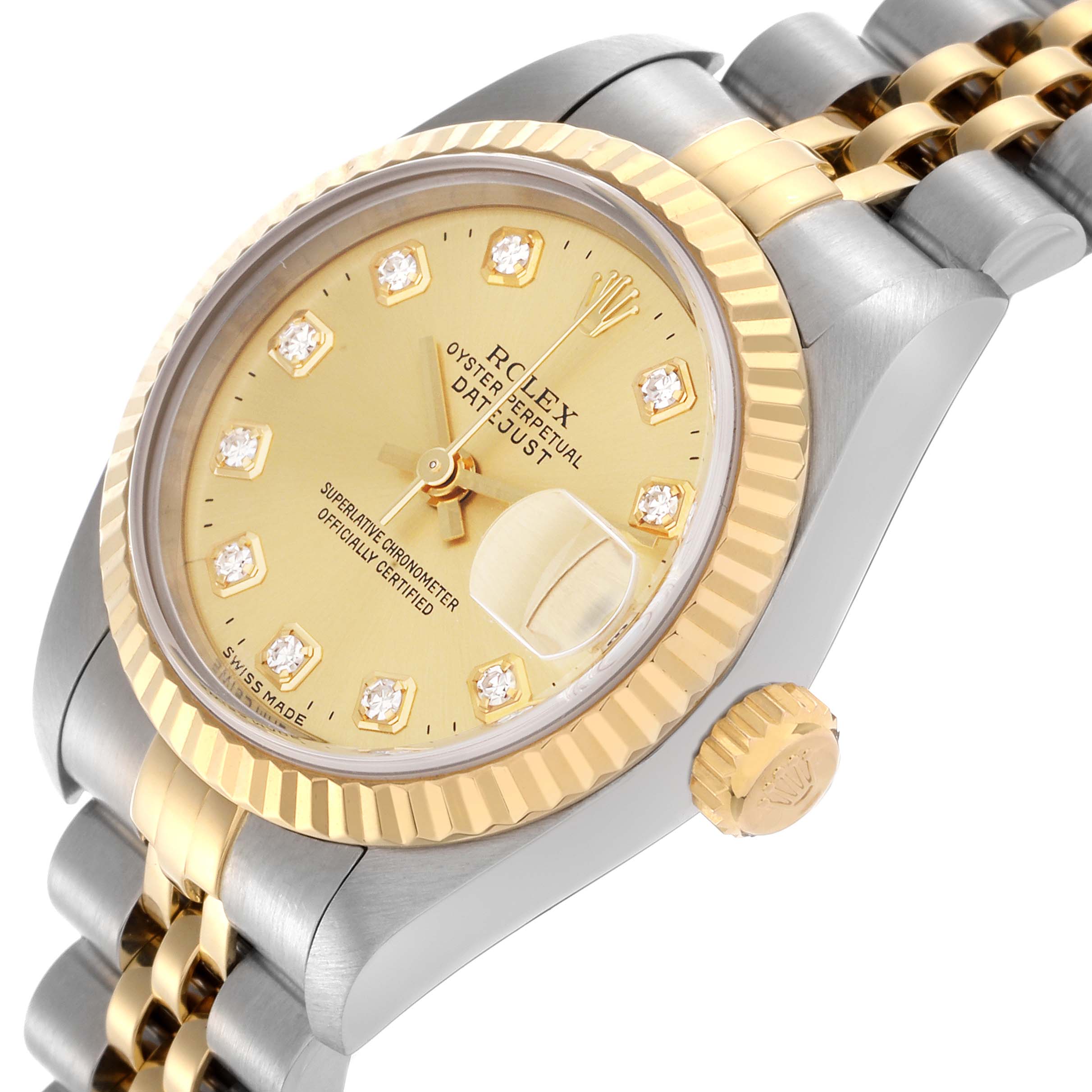 The Rolex Datejust 79173 Women's Steel and Gold (two tone) Champagne Dial 79173 Women's Steel and Gold (two tone) Champagne Dial watch is shown at a slight side angle, highlighting its dial, bezel, crown, and two-tone bracelet.
