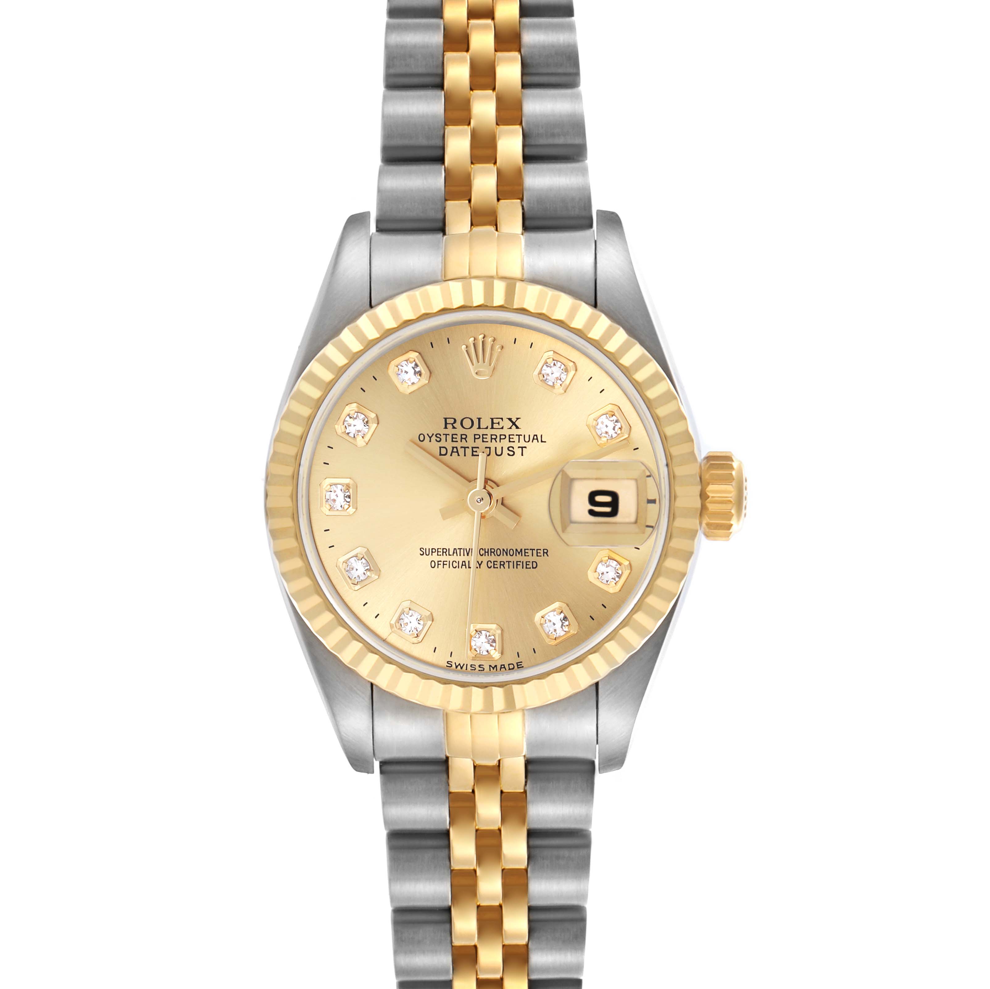 The Rolex Datejust 79173 Women's Steel and Gold (two tone) Champagne Dial 79173 Women's Steel and Gold (two tone) Champagne Dial watch is shown from a top-down angle, highlighting the dial, bezel, and bracelet.