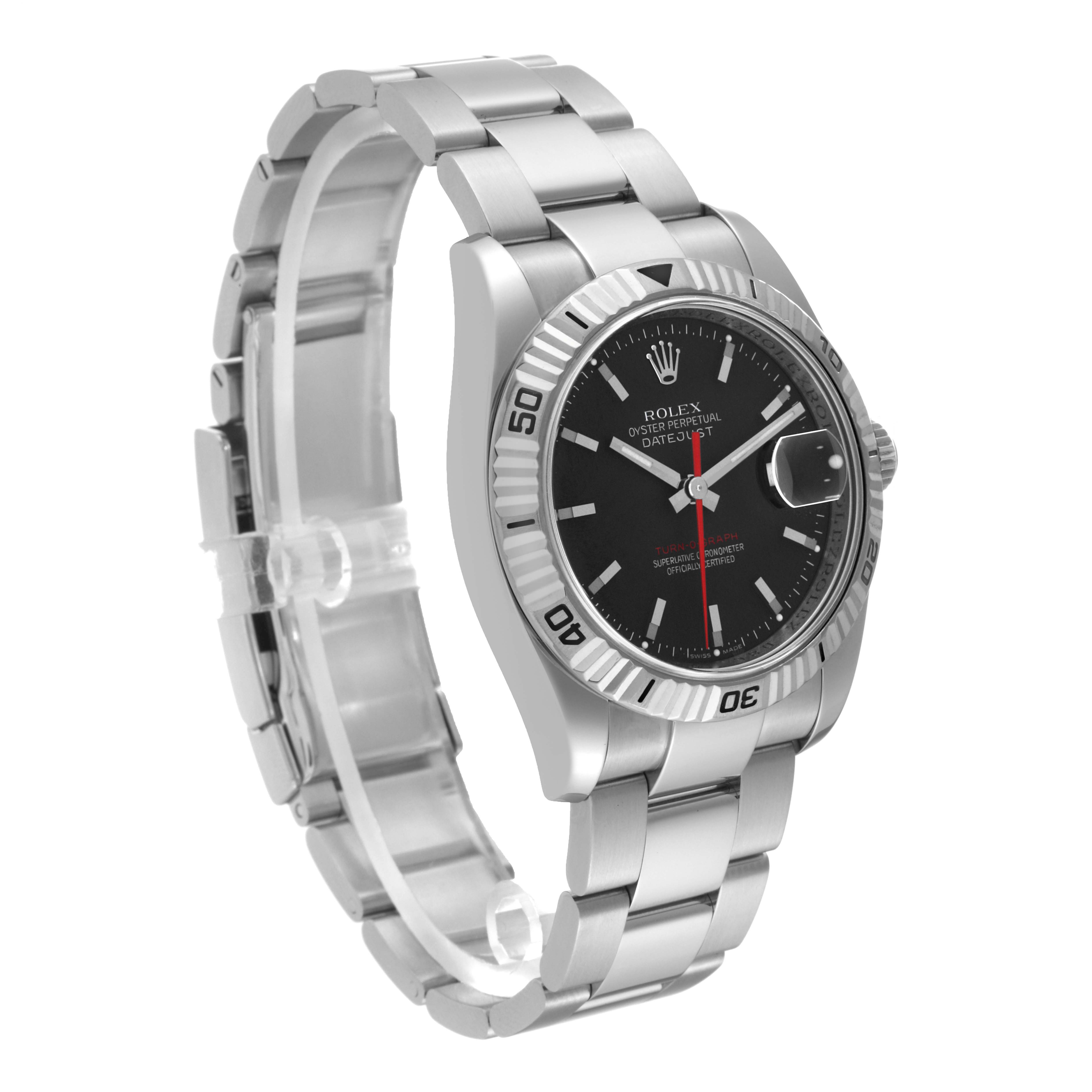 The image shows a side-angle view of a Rolex Turn-o-Graph 116264 Men
s Stainless Steel Black Dial 116264 Men
s Stainless Steel Black Dial watch, displaying the bracelet, bezel, and face.