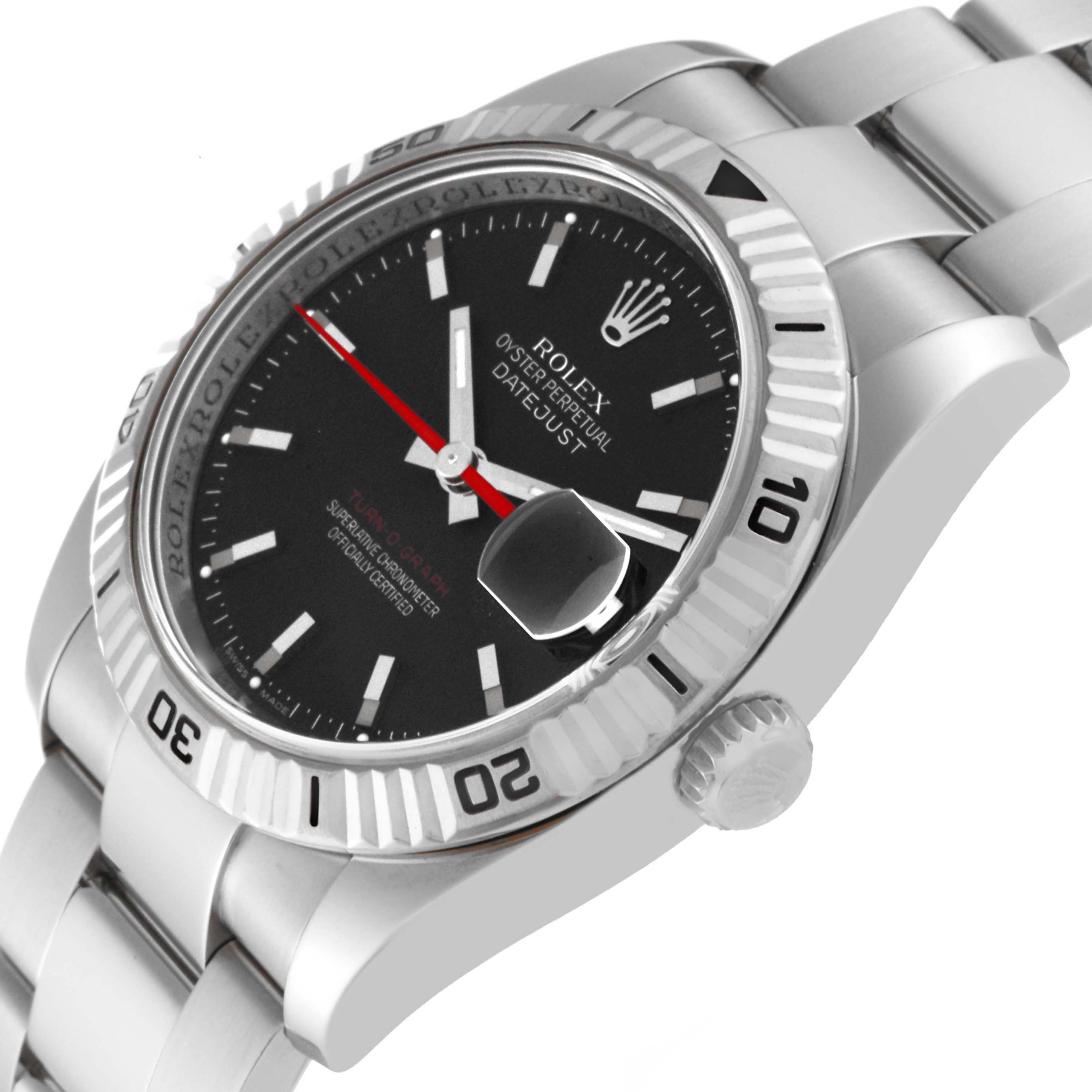 The image shows an angled close-up of the face and bracelet of a Rolex Turn-o-Graph 116264 Men
s Stainless Steel Black Dial 116264 Men
s Stainless Steel Black Dial watch, emphasizing its bezel and crown.