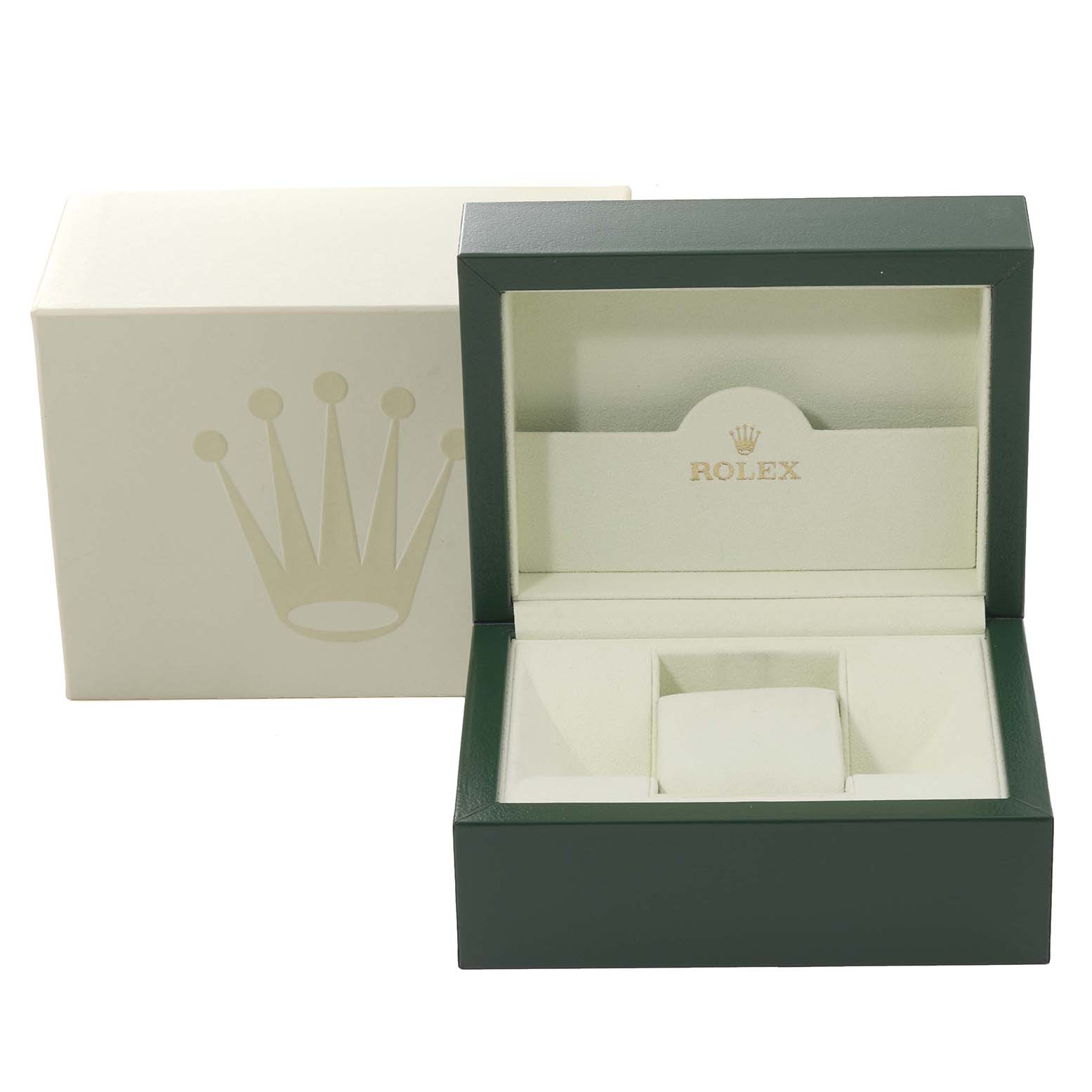 The image shows an open Rolex watch box with the Rolex logo, intended for a Turn-o-Graph model, and an outer box.