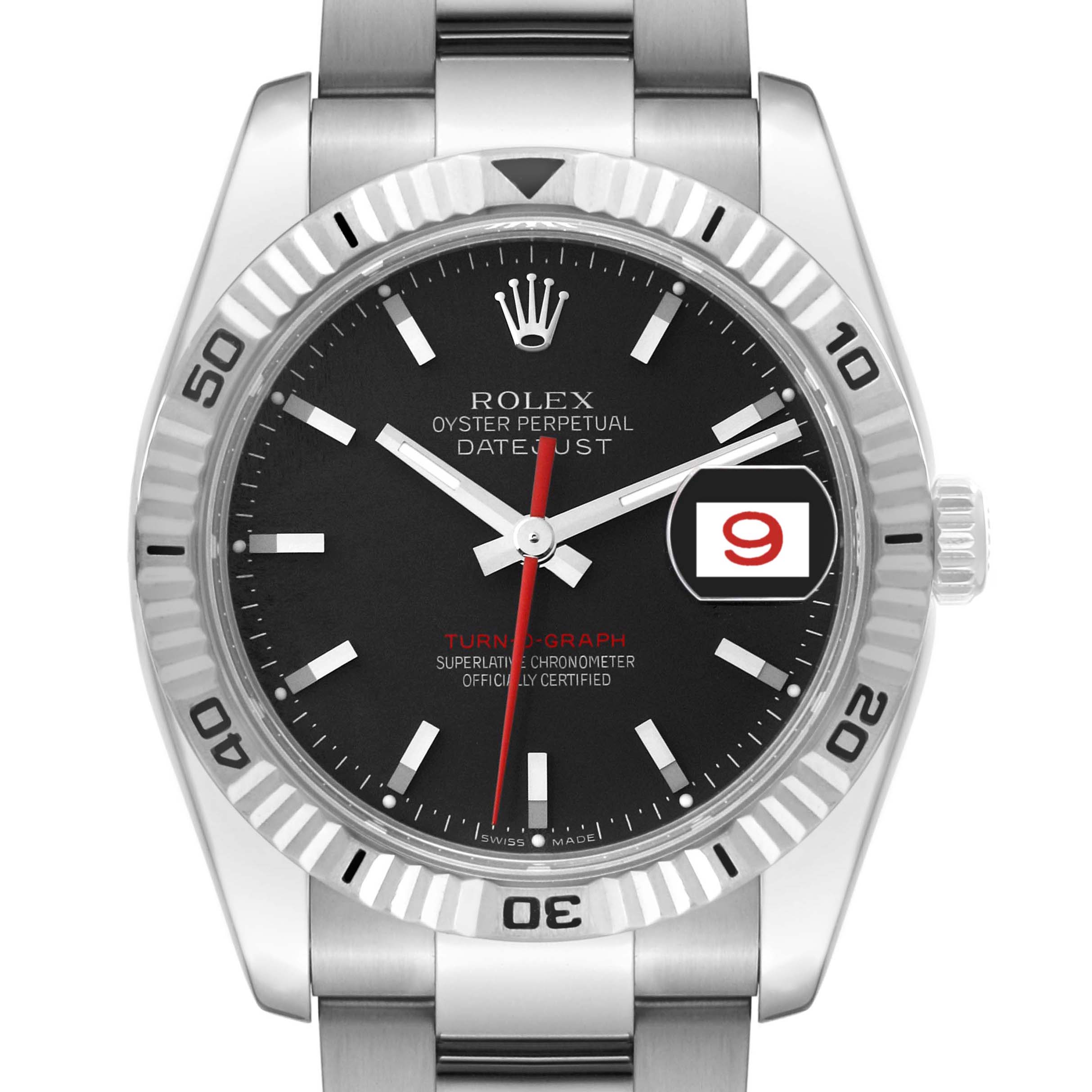 This image shows a Rolex Turn-o-Graph 116264 Men
s Stainless Steel Black Dial 116264 Men
s Stainless Steel Black Dial watch from the front, highlighting the dial, bezel, and part of the bracelet.