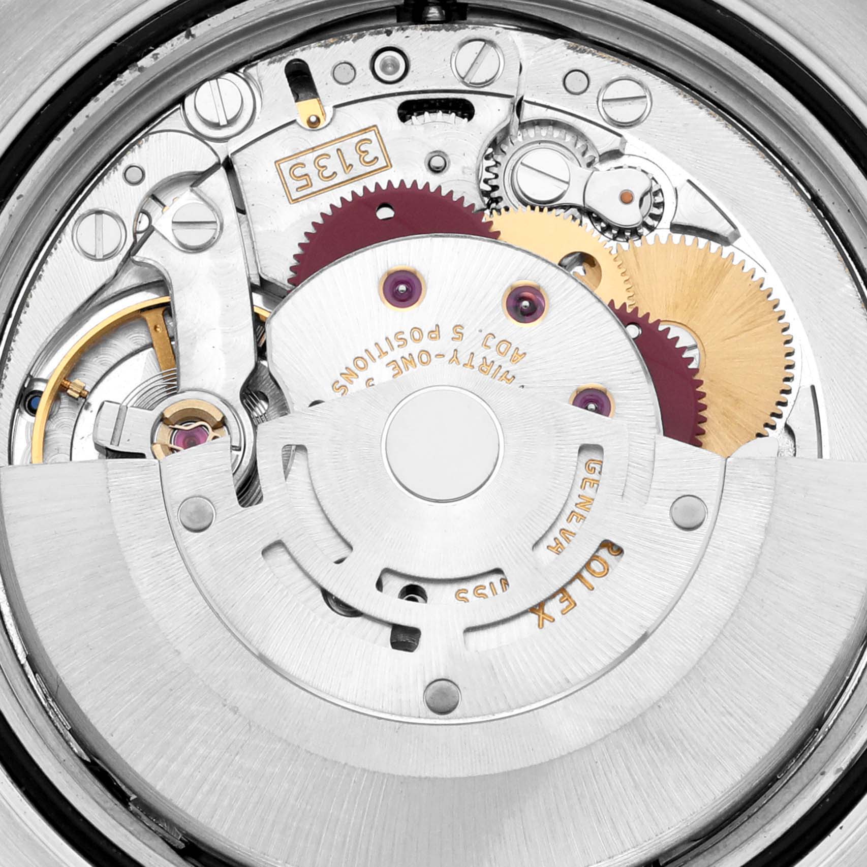 The image shows the intricate internal mechanical movement of the Rolex Turn-o-Graph 116264 Men
s Stainless Steel Black Dial 116264 Men
s Stainless Steel Black Dial watch at a top-down angle.