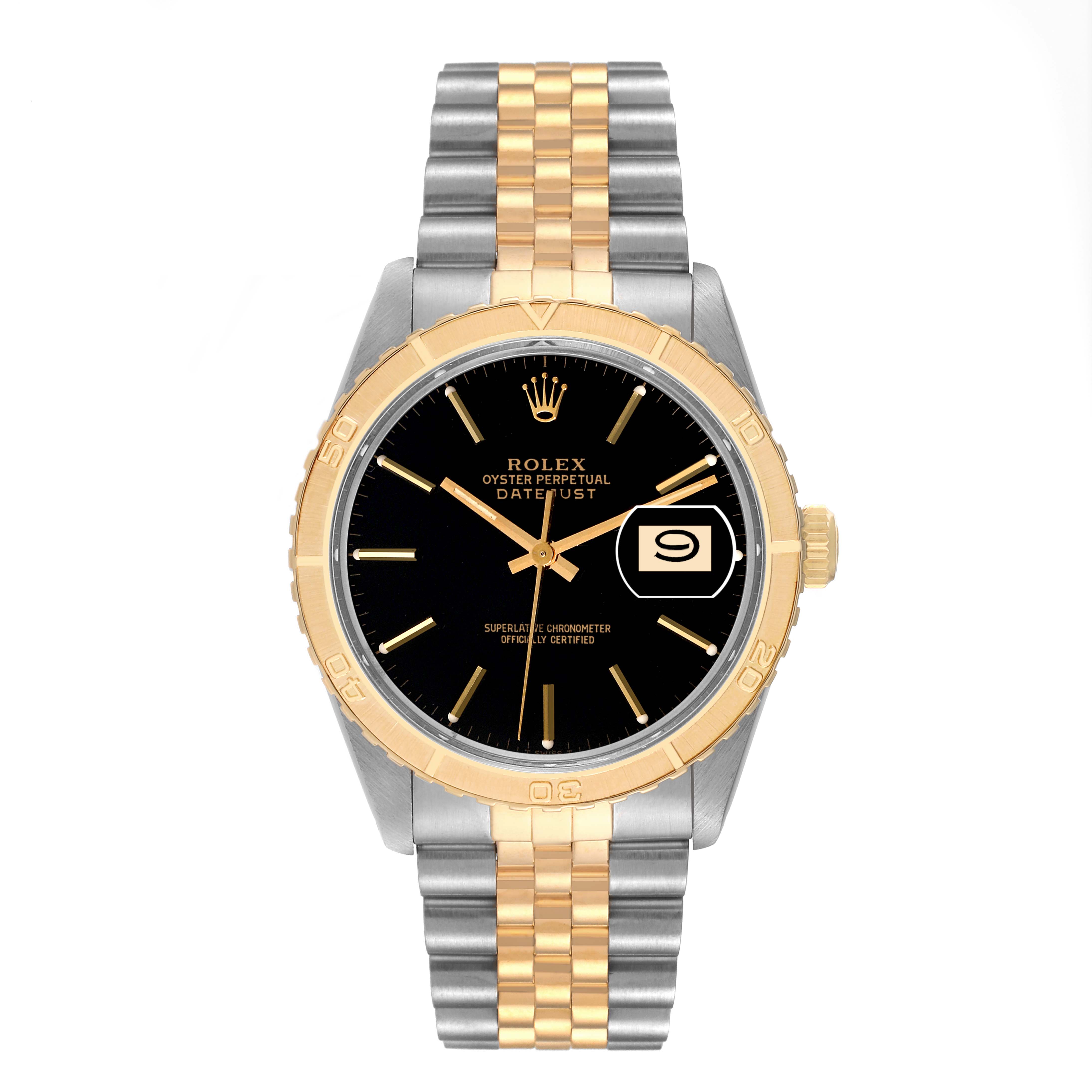 The Rolex Vintage Collection 16253 Men's Steel and Gold (two tone) Black Dial 16253 Men's Steel and Gold (two tone) Black Dial model is shown from a top-down angle, highlighting the dial, bezel, and bracelet.