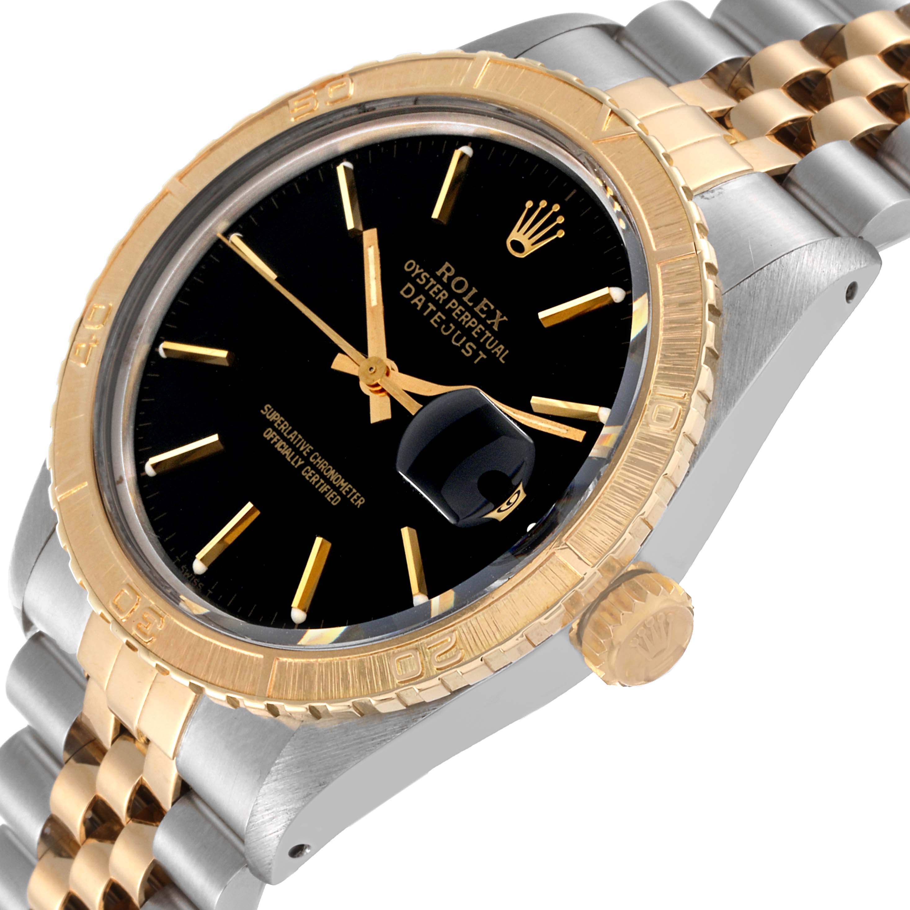 The image shows a side view of a Rolex Vintage Collection 16253 Men's Steel and Gold (two tone) Black Dial 16253 Men's Steel and Gold (two tone) Black Dial Datejust watch, highlighting the bezel, dial, crown, and bracelet.