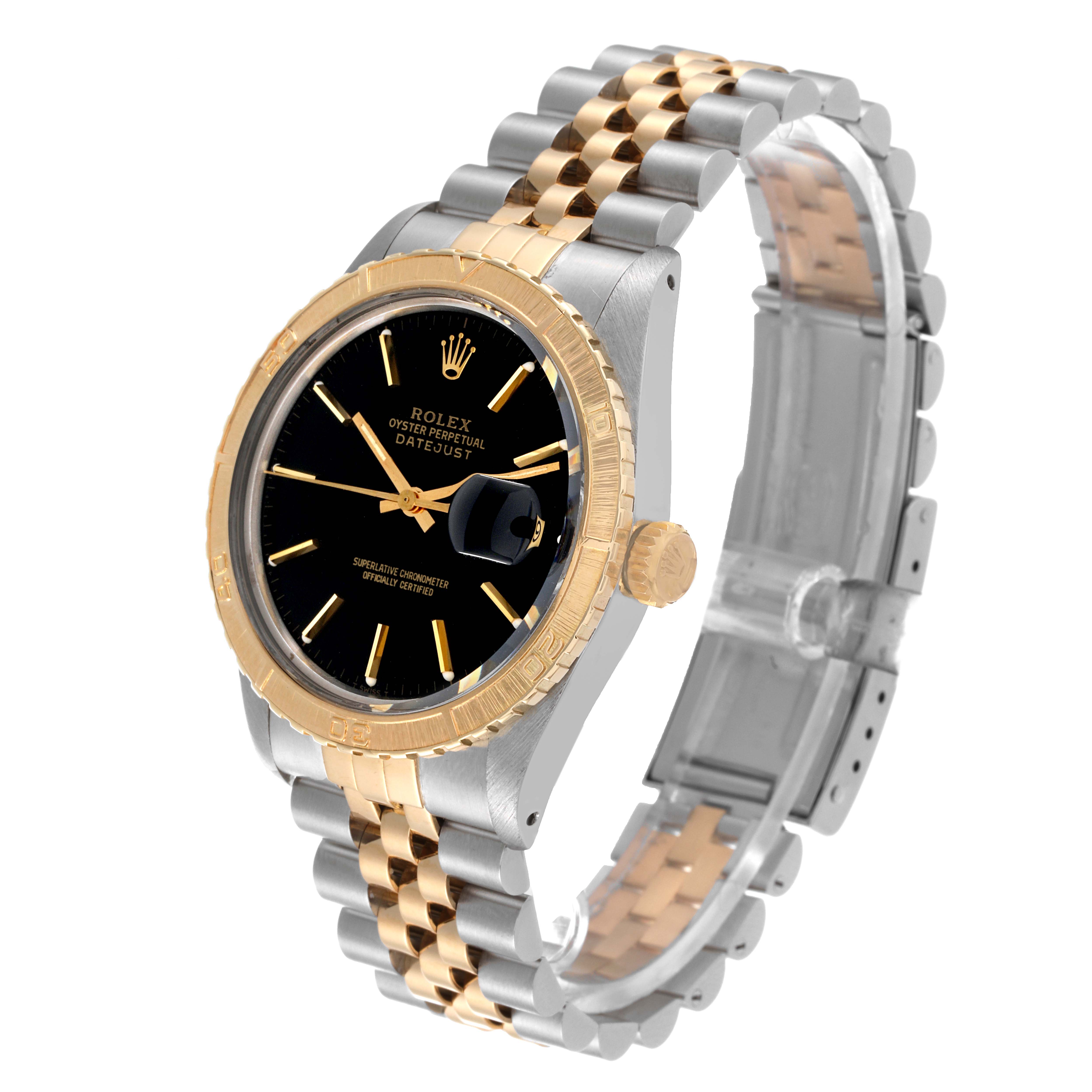 The Rolex Vintage Collection 16253 Men's Steel and Gold (two tone) Black Dial 16253 Men's Steel and Gold (two tone) Black Dial Datejust is shown at a side angle, detailing the two-tone bracelet, black dial, and gold bezel.