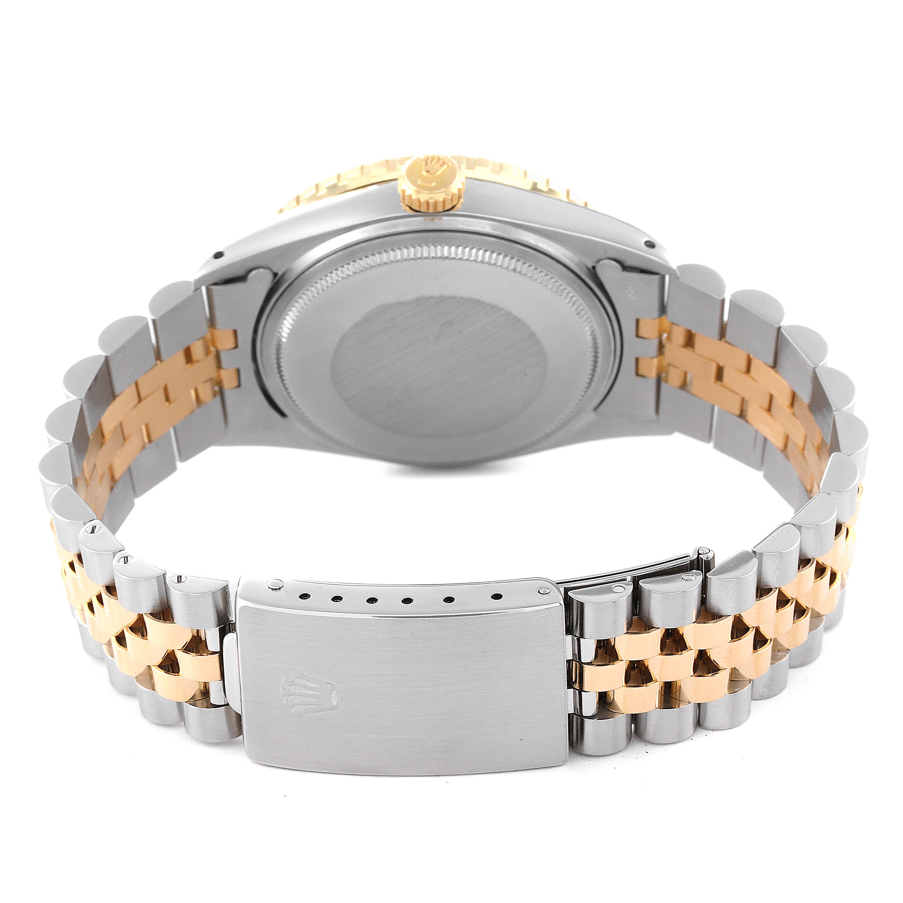 The image shows the back view of the Rolex Vintage Collection 16253 Men's Steel and Gold (two tone) Black Dial 16253 Men's Steel and Gold (two tone) Black Dial watch, including its two-tone bracelet and clasp.