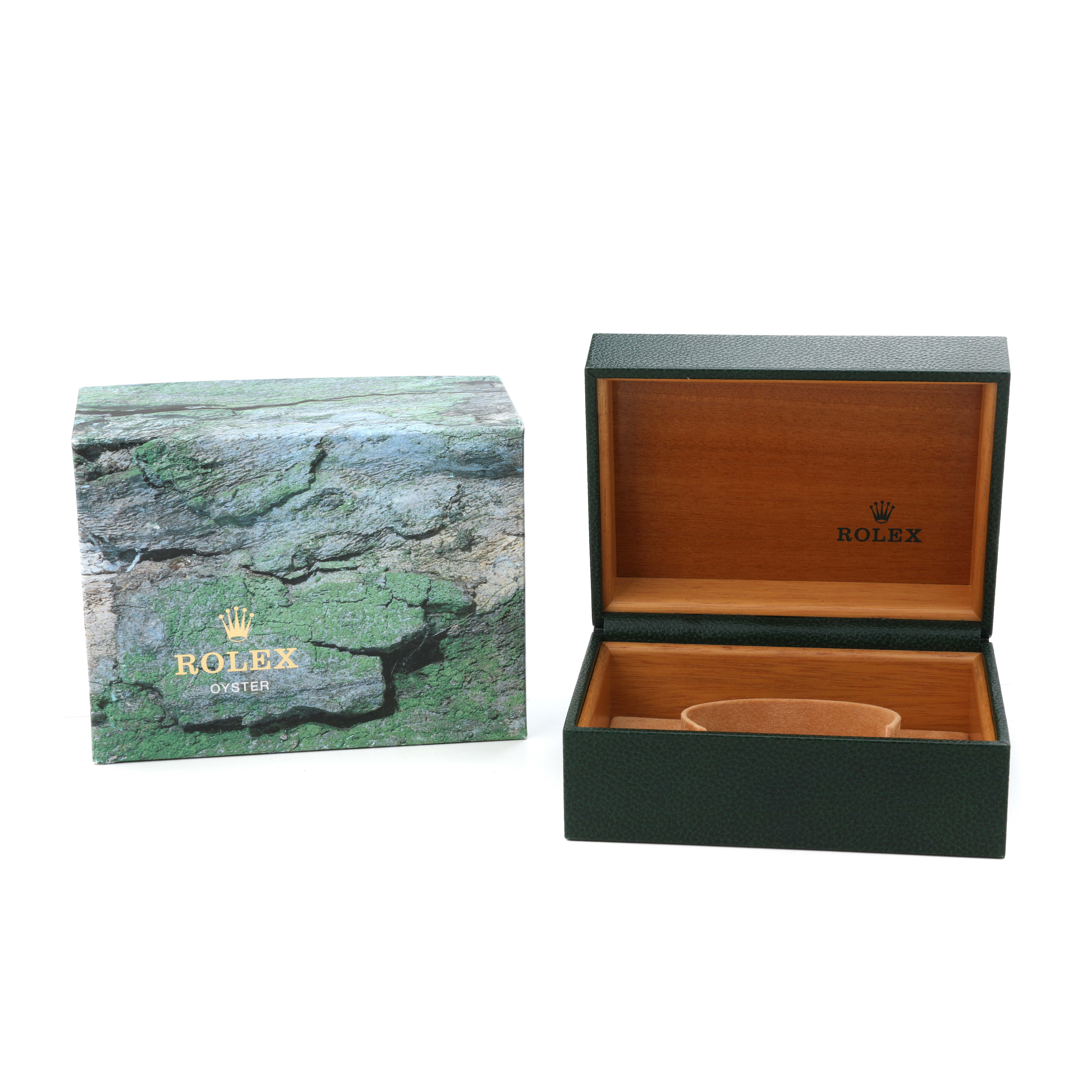The image shows the packaging for a Rolex Turn-o-Graph 116263 Men's Steel and Gold (two tone) Champagne Dial watch, including an open green textured and wooden box beside the outer box.