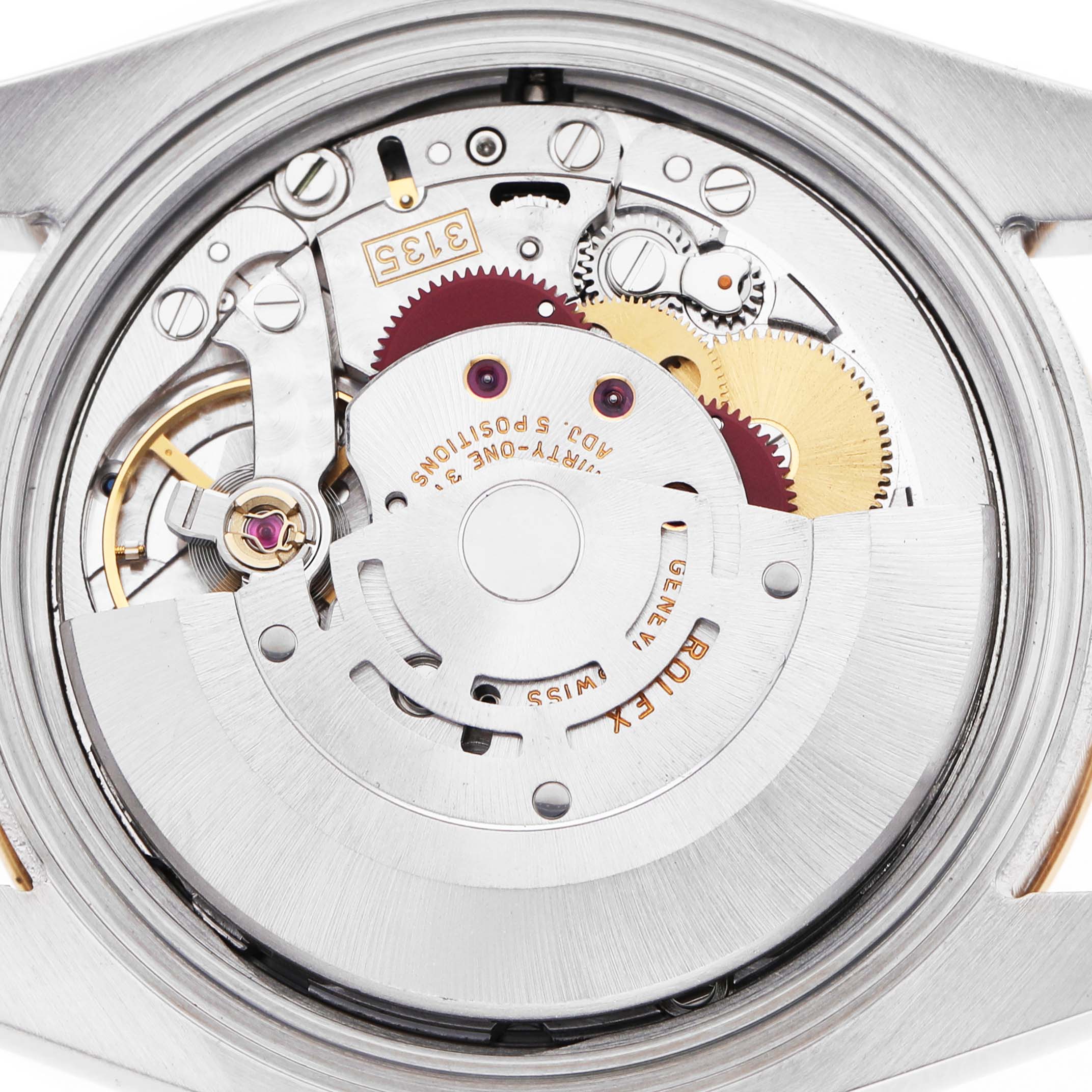 The image shows the internal movement mechanism of a Rolex Turn-o-Graph 116263 Men's Steel and Gold (two tone) Champagne Dial watch viewed from the back.