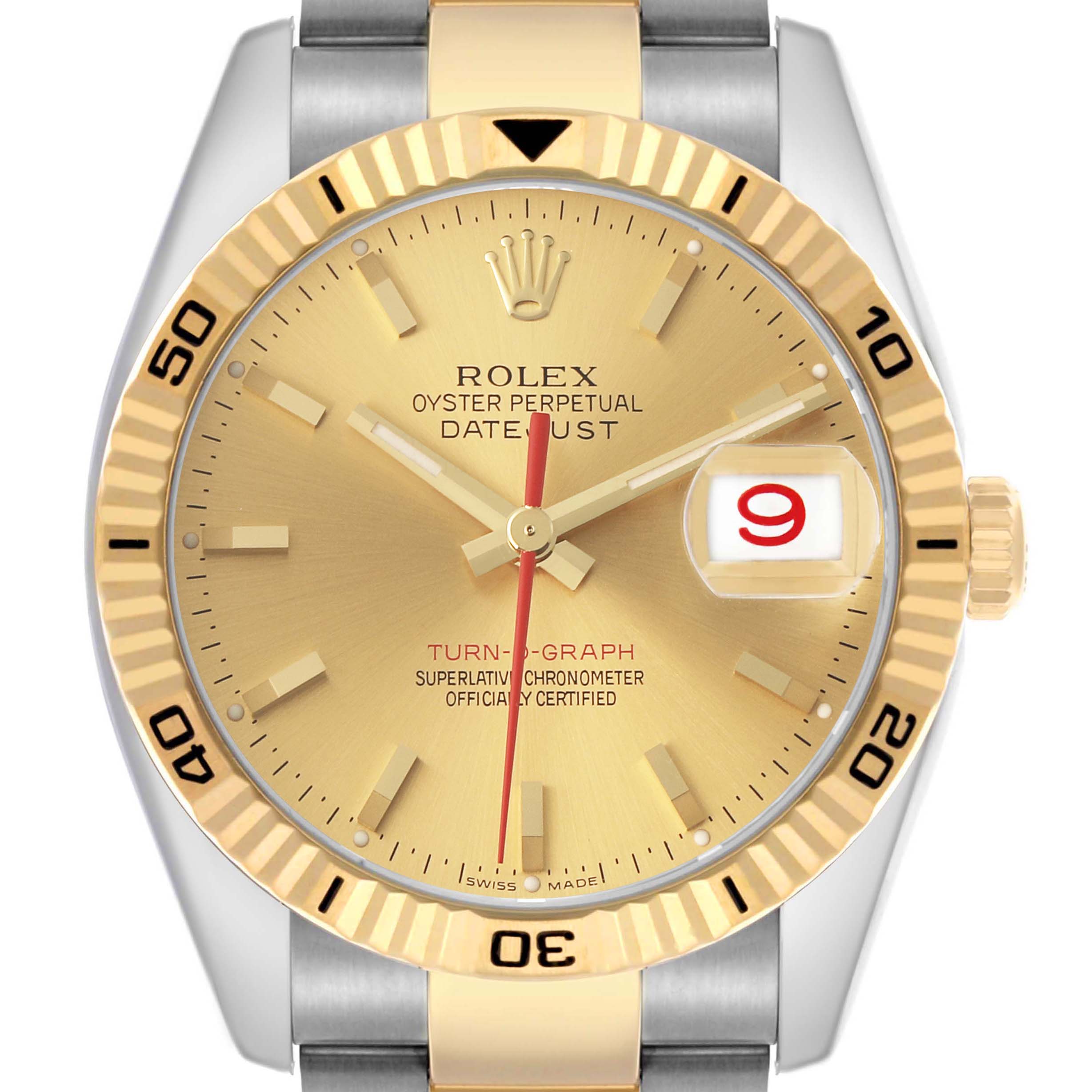 The Rolex Turn-o-Graph 116263 Men's Steel and Gold (two tone) Champagne Dial watch is shown from a front angle, highlighting the dial, bezel, and date window.
