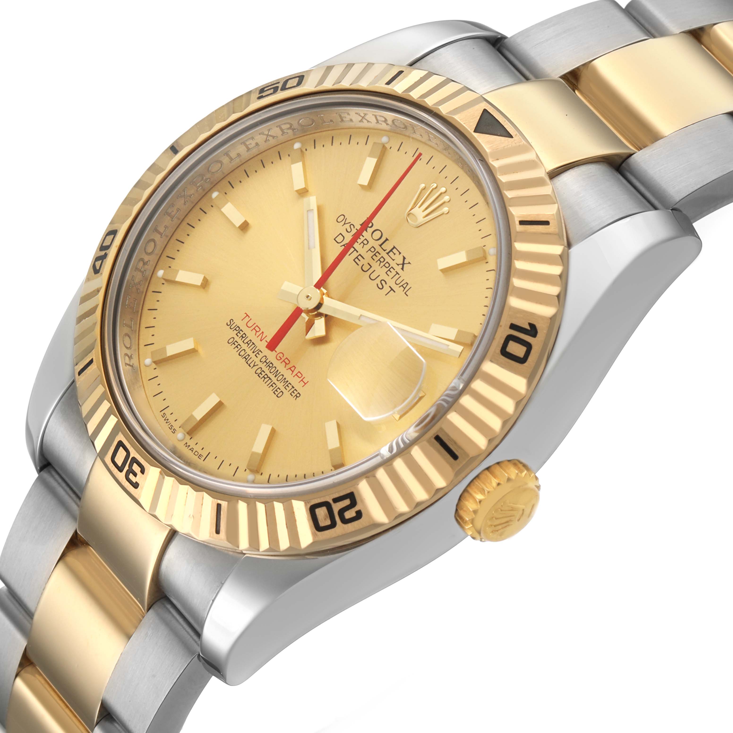 The image shows a close-up, angled view of the Rolex Turn-o-Graph 116263 Men's Steel and Gold (two tone) Champagne Dial watch, highlighting the dial, bezel, crown, and part of the bracelet.