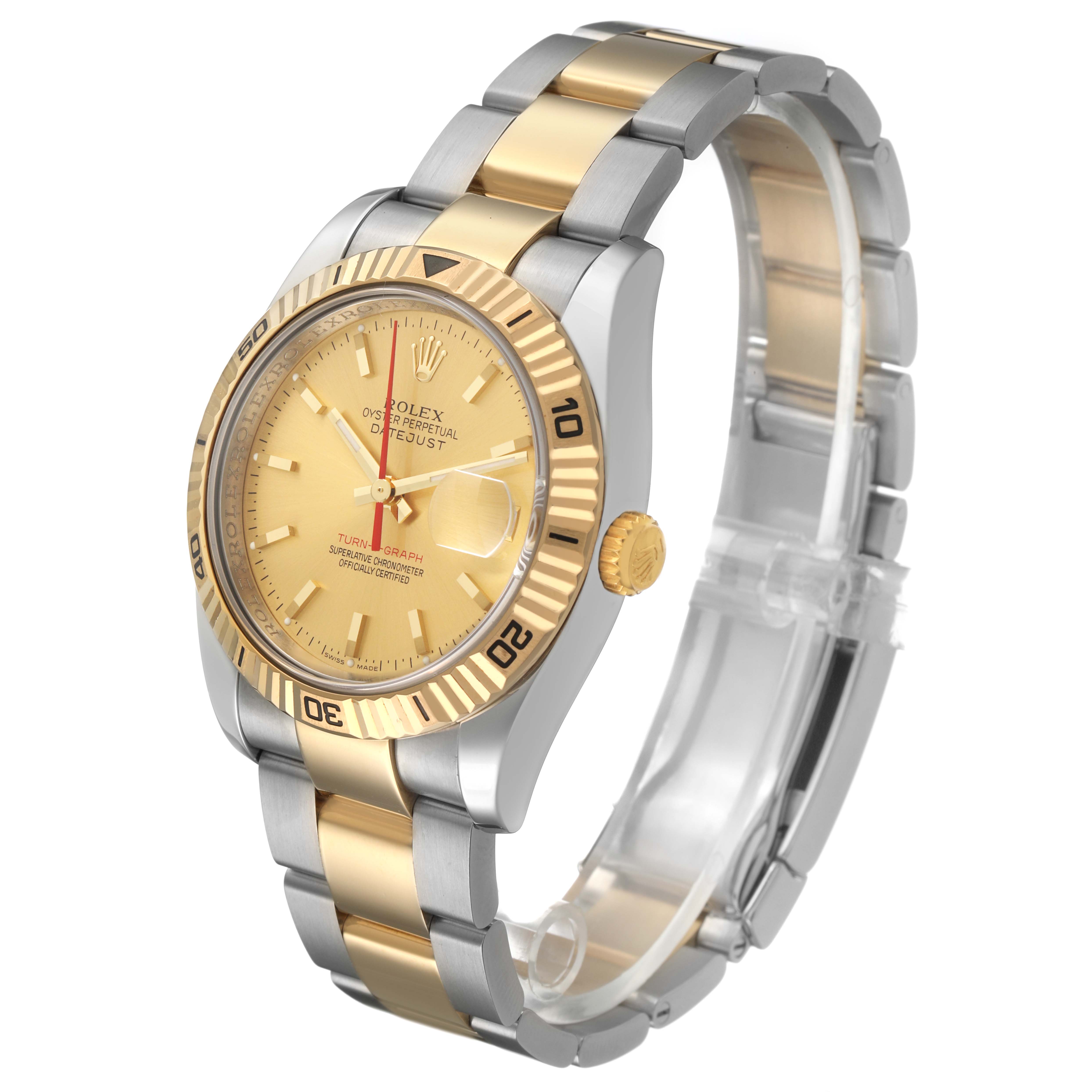 The Rolex Turn-o-Graph 116263 Men's Steel and Gold (two tone) Champagne Dial watch is shown at a three-quarter angle, highlighting the gold and silver bracelet, bezel, and dial.