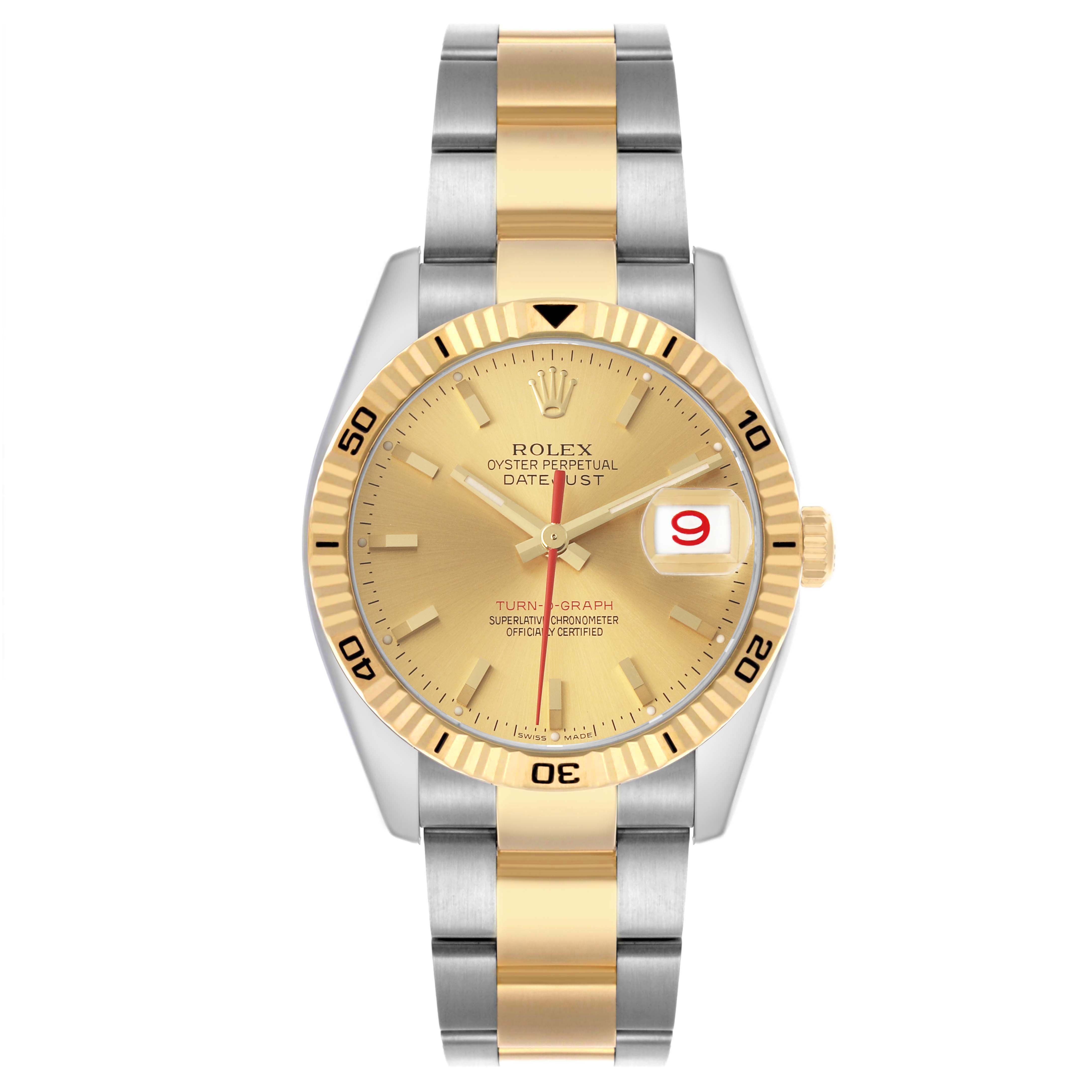 The Rolex Turn-o-Graph 116263 Men's Steel and Gold (two tone) Champagne Dial is shown from a top view, displaying its gold dial, bezel, and two-tone bracelet.