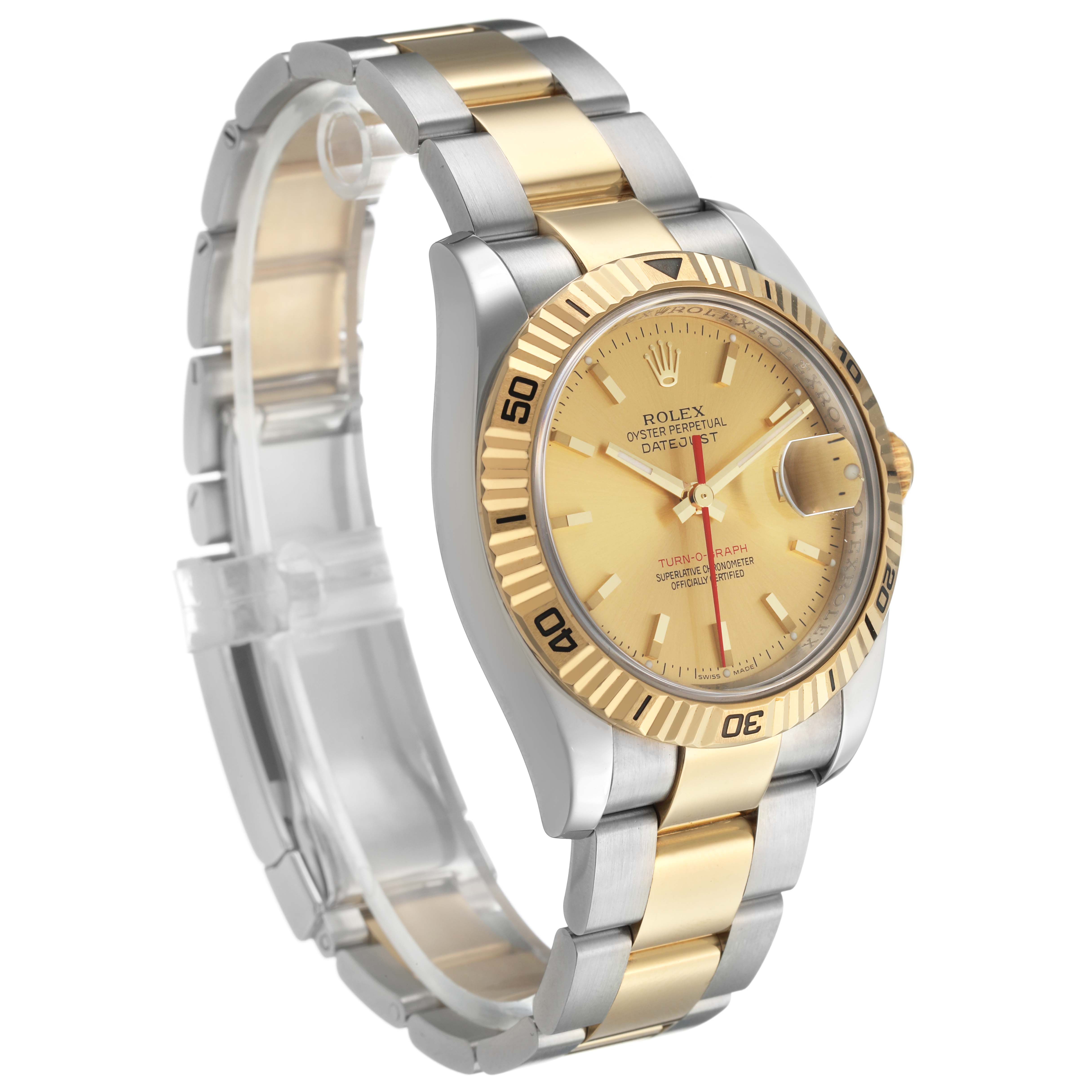 The Rolex Turn-o-Graph 116263 Men's Steel and Gold (two tone) Champagne Dial watch is shown at a three-quarter angle, highlighting its dual-tone bracelet and gold bezel.
