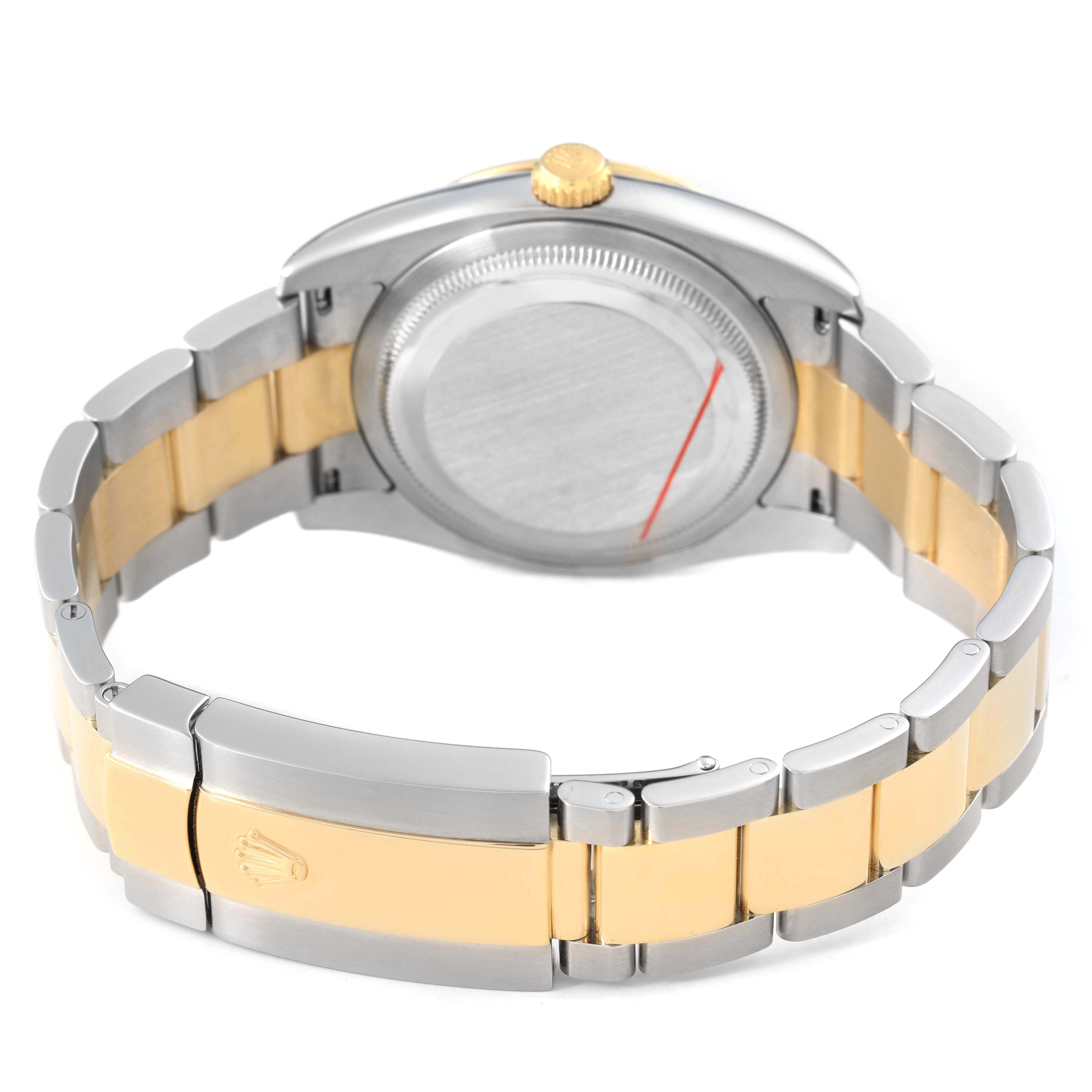 The image shows the back and side view of a Rolex Turn-o-Graph 116263 Men's Steel and Gold (two tone) Champagne Dial watch, highlighting the bracelet and case with a two-tone design.