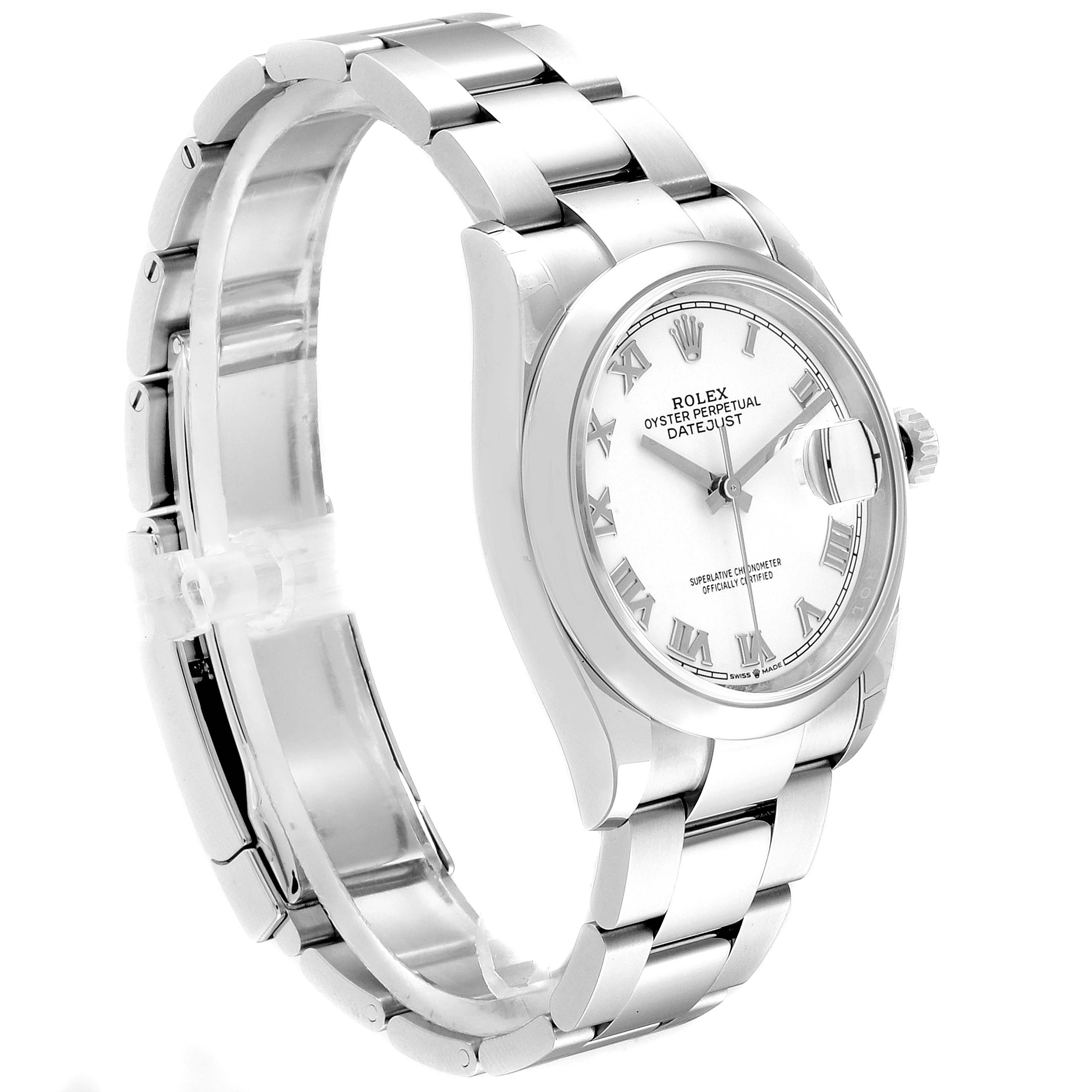 This image shows a side angle of the Rolex Datejust 126200 Men's Stainless Steel White Dial 126200 Men's Stainless Steel White Dial watch, displaying the face and bracelet.