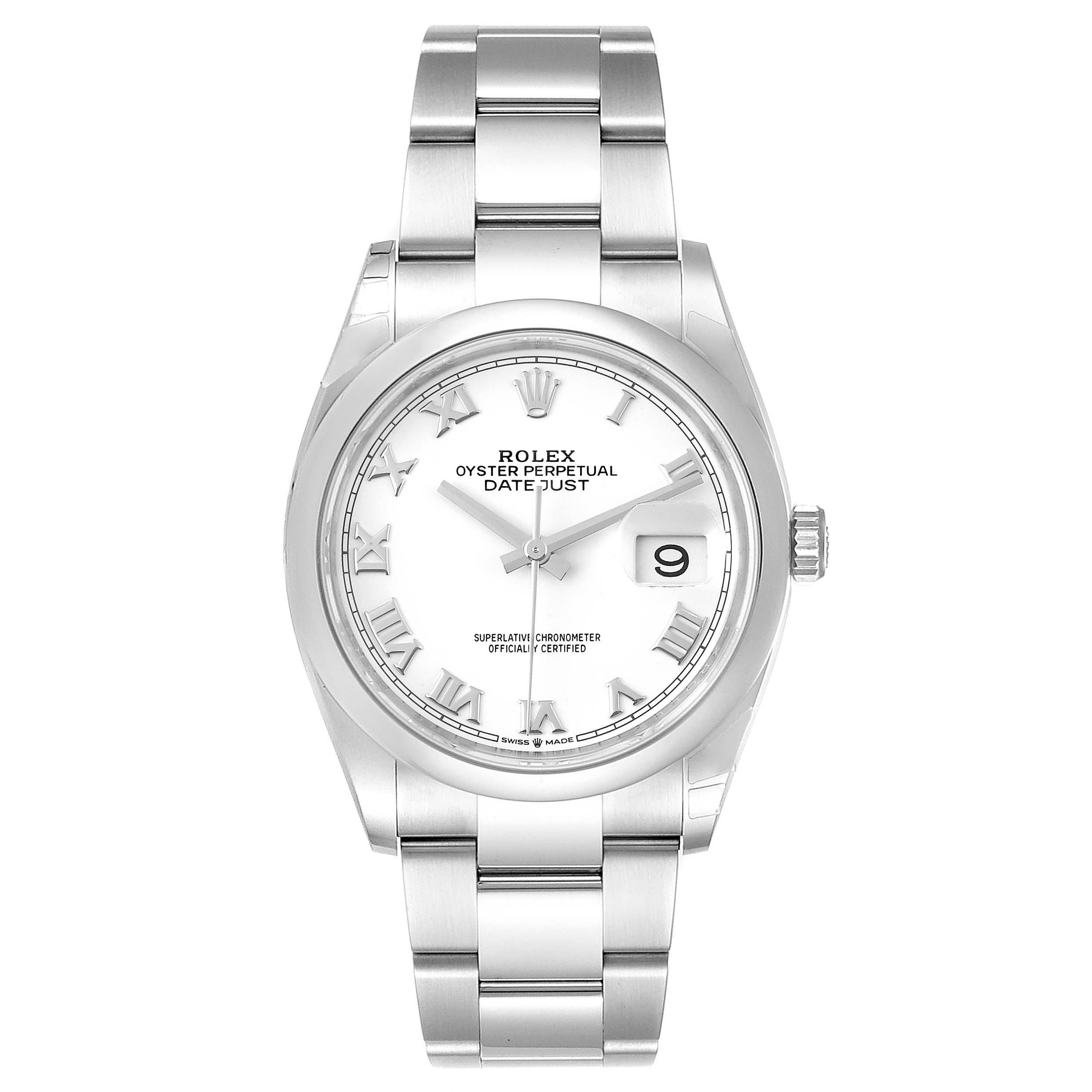 This is a front view of a Rolex Datejust 126200 Men's Stainless Steel White Dial 126200 Men's Stainless Steel White Dial watch, showing the face, bezel, and bracelet.
