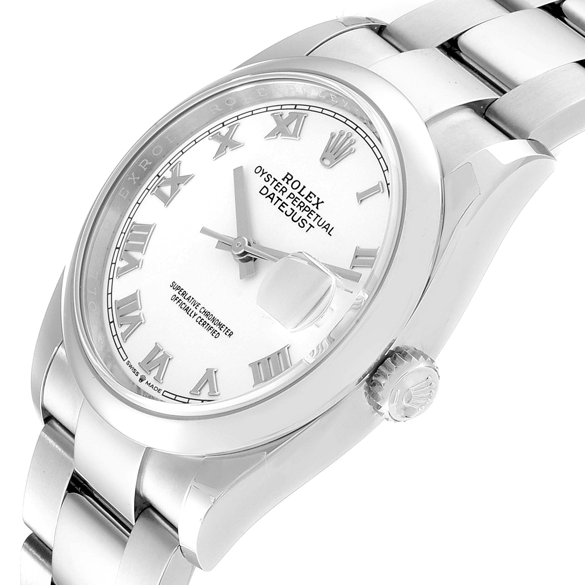 The Rolex Datejust 126200 Men's Stainless Steel White Dial 126200 Men's Stainless Steel White Dial watch is shown at a slight angle highlighting its Roman numeral dial, crown, and part of its bracelet.