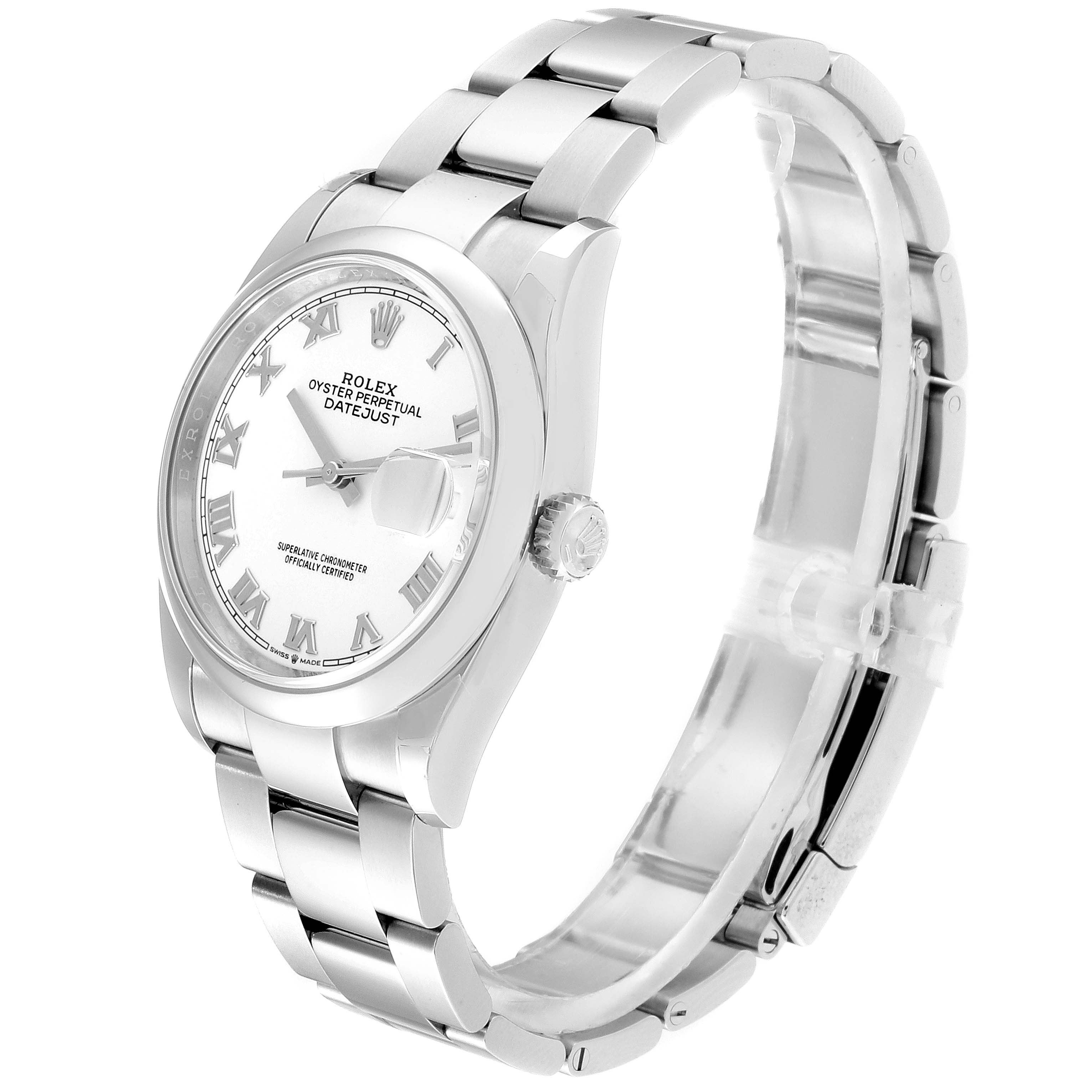 The image shows a side and partial front view of a Rolex Datejust 126200 Men's Stainless Steel White Dial 126200 Men's Stainless Steel White Dial watch, highlighting the dial, bracelet, and crown.