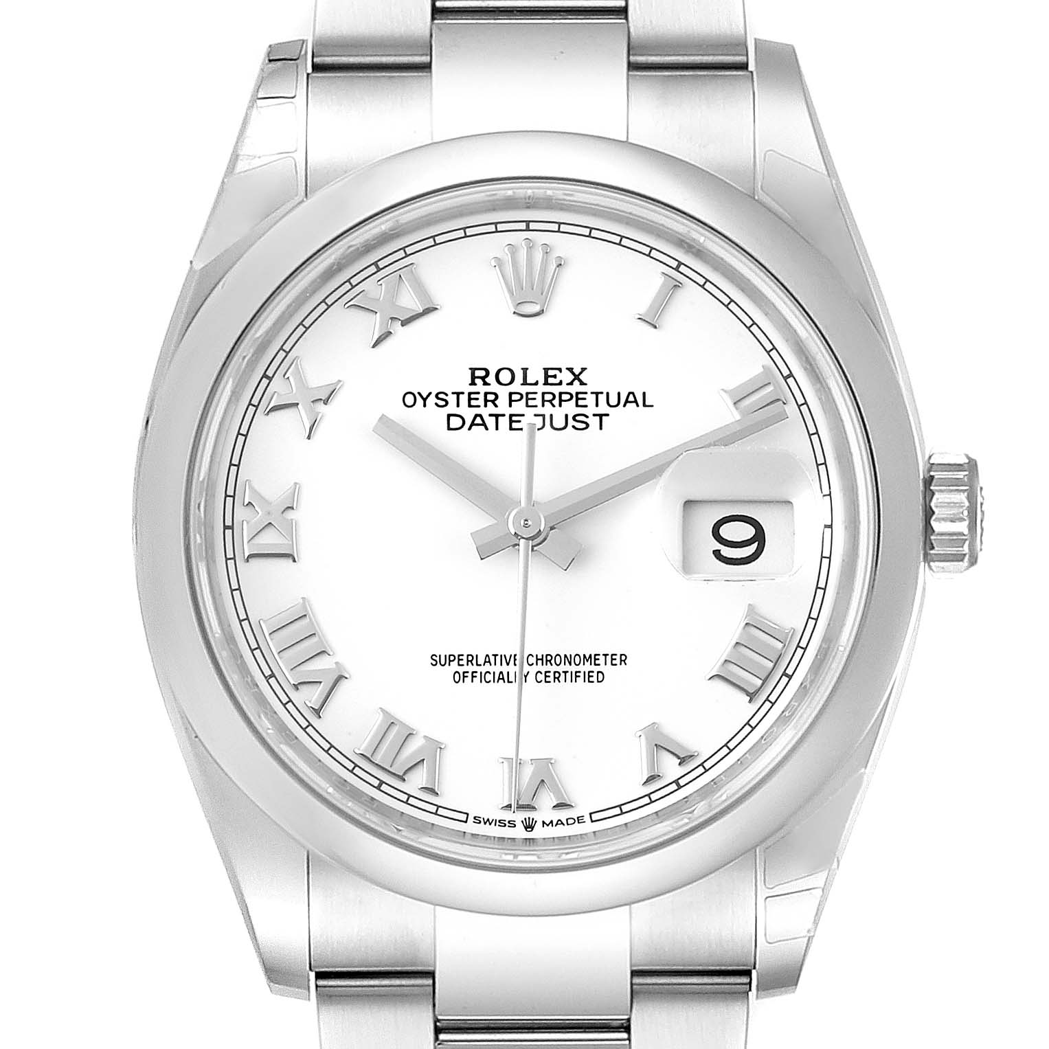 The image shows a front view of the dial, bezel, and part of the bracelet of a Rolex Datejust 126200 Men's Stainless Steel White Dial 126200 Men's Stainless Steel White Dial watch.