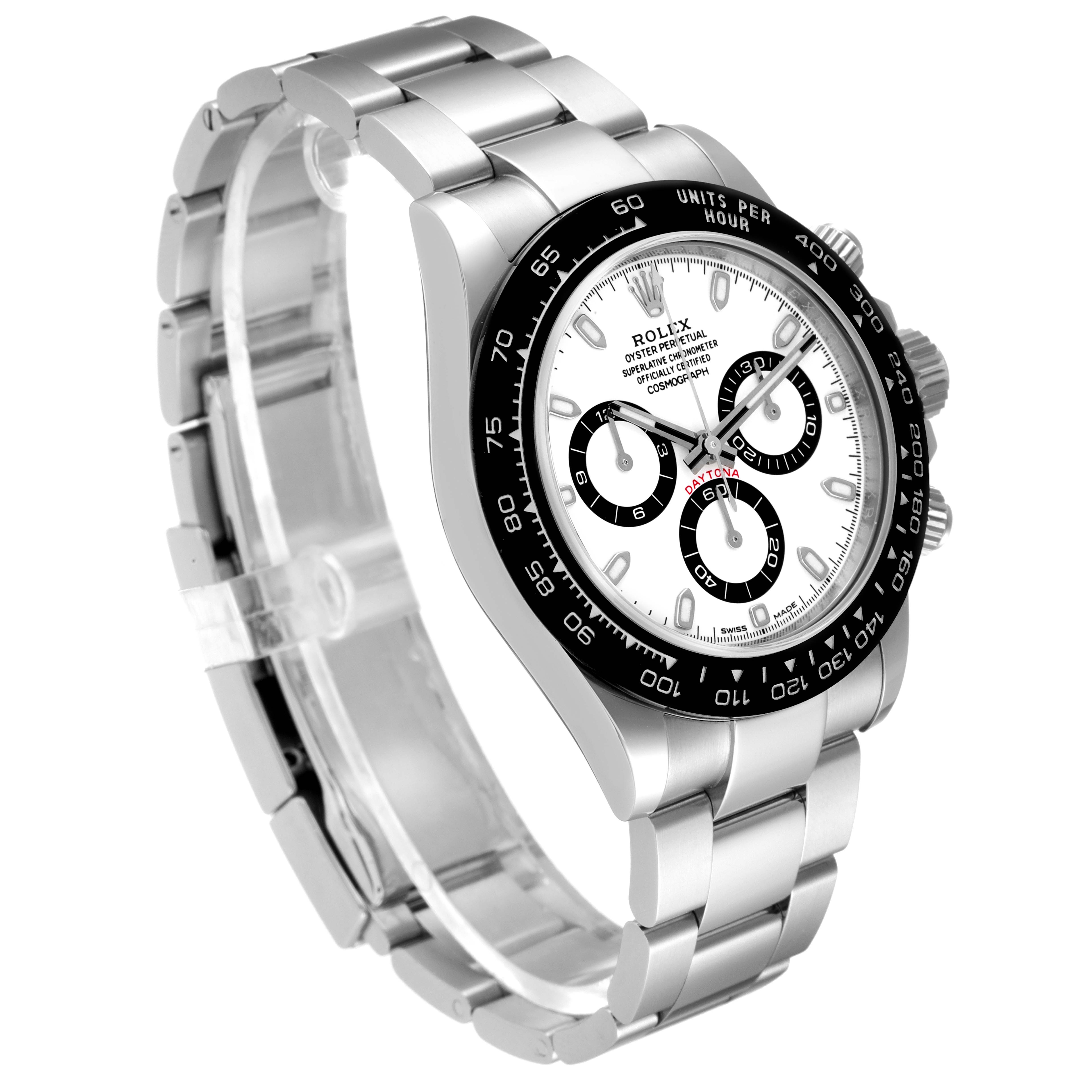 The Rolex Daytona 116500 Men's Stainless Steel White Dial 116500 Men's Stainless Steel White Dial watch is shown at an angled side view, displaying the bezel, dial, chronograph, and part of the bracelet.