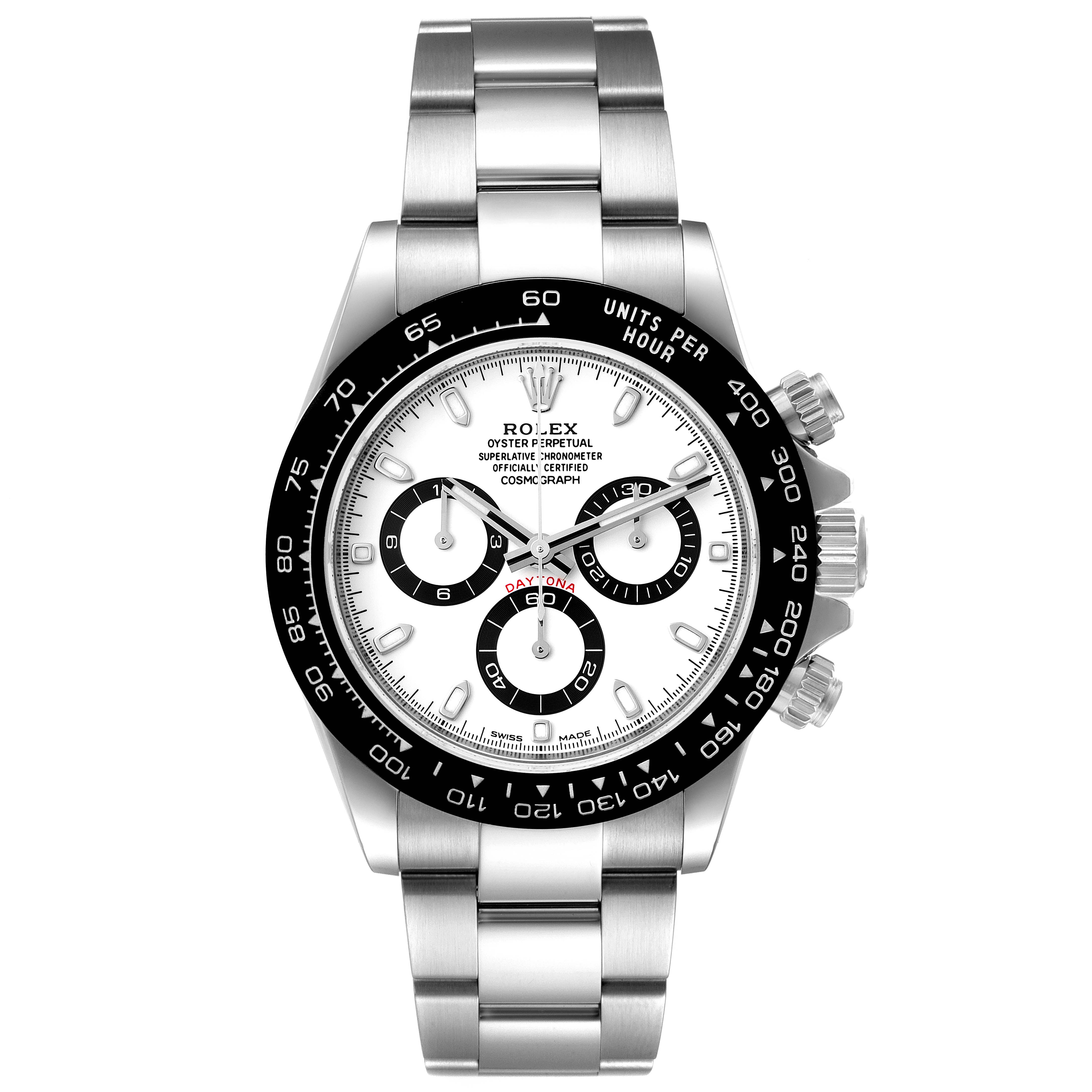 The image shows a front view of a Rolex Daytona 116500 Men's Stainless Steel White Dial 116500 Men's Stainless Steel White Dial watch, featuring its dial, bezel, and stainless steel bracelet.
