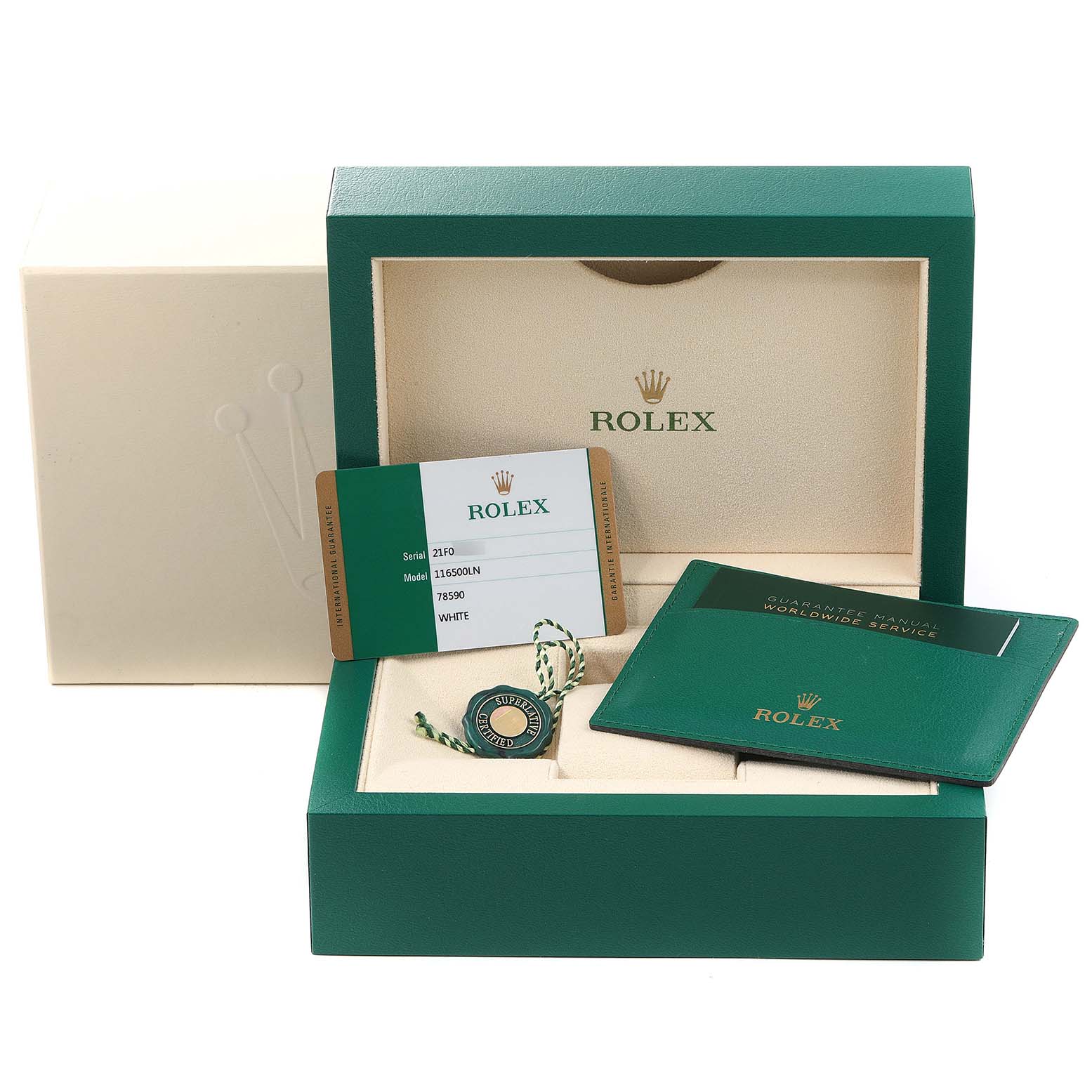 The image shows the packaging, warranty card, booklet, and accessory tag for a Rolex Daytona 116500 Men's Stainless Steel White Dial 116500 Men's Stainless Steel White Dial watch.