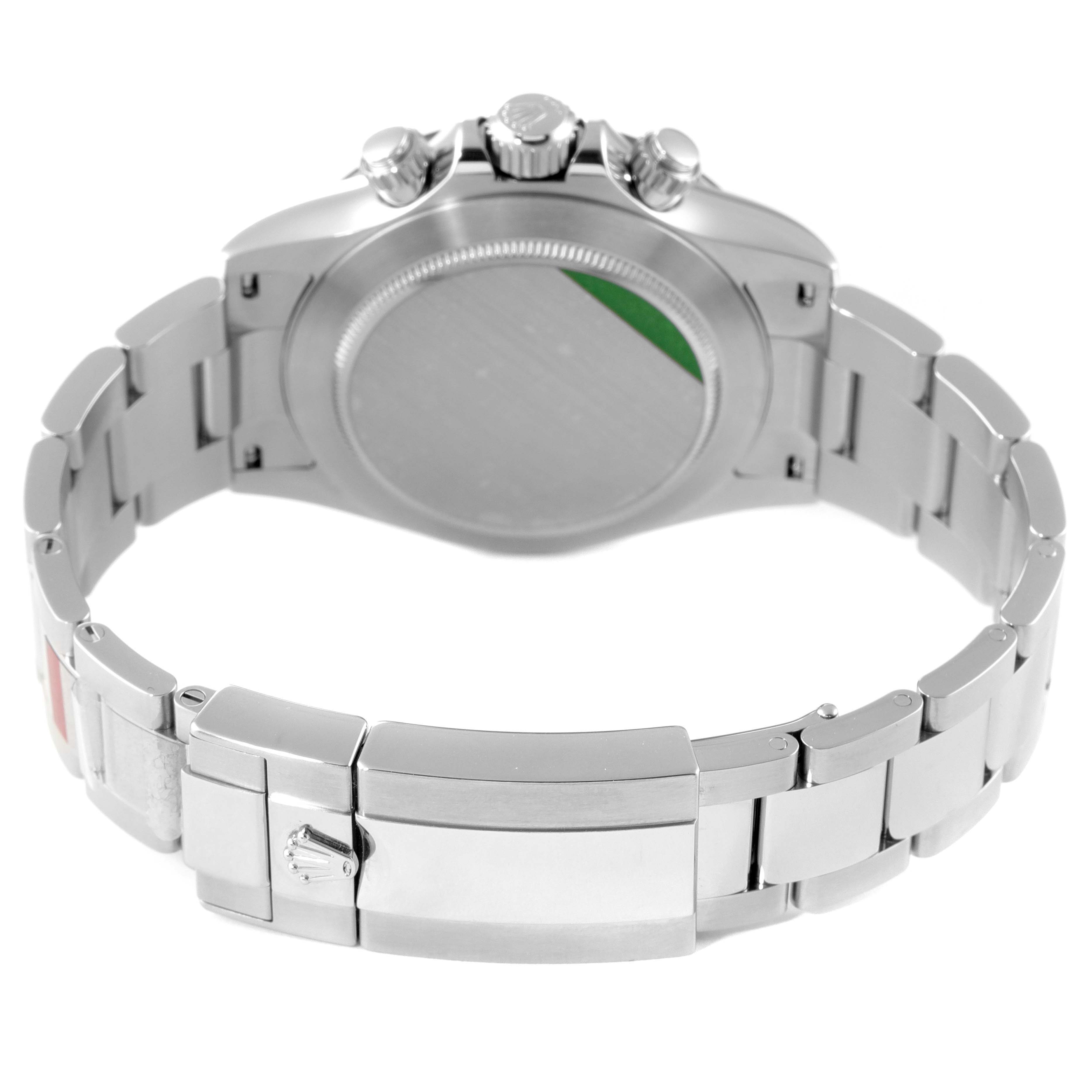 The image shows the back view of a Rolex Daytona 116500 Men's Stainless Steel White Dial 116500 Men's Stainless Steel White Dial watch, highlighting the case back and metal bracelet.