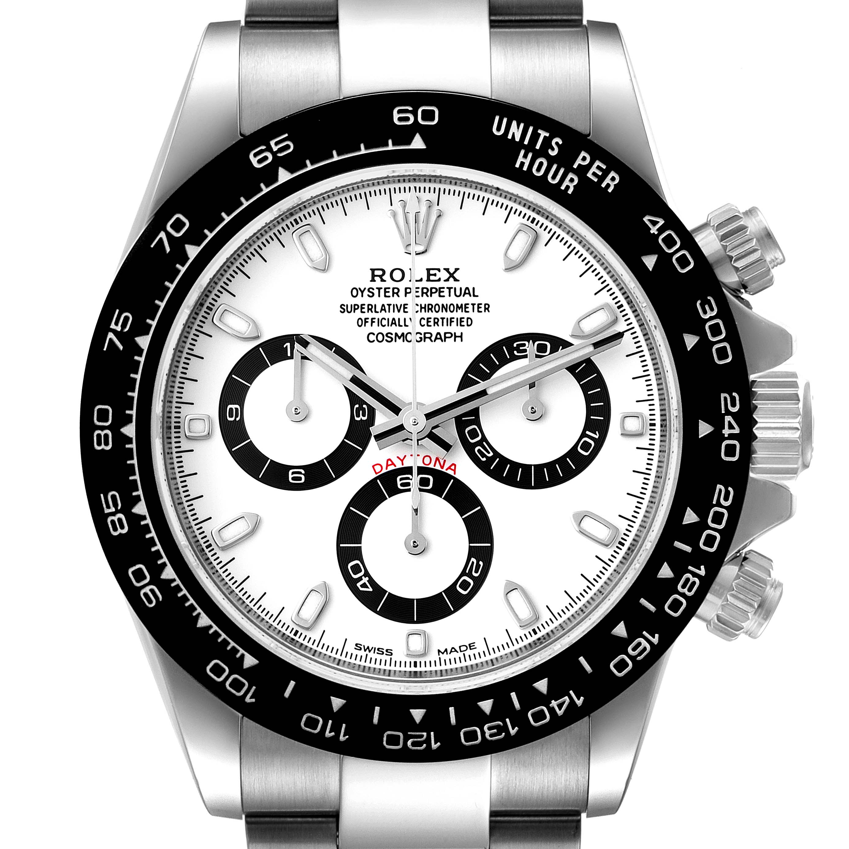 This image shows a close-up, front-facing view of the Rolex Daytona 116500 Men's Stainless Steel White Dial 116500 Men's Stainless Steel White Dial watch, highlighting its dial and bezel.