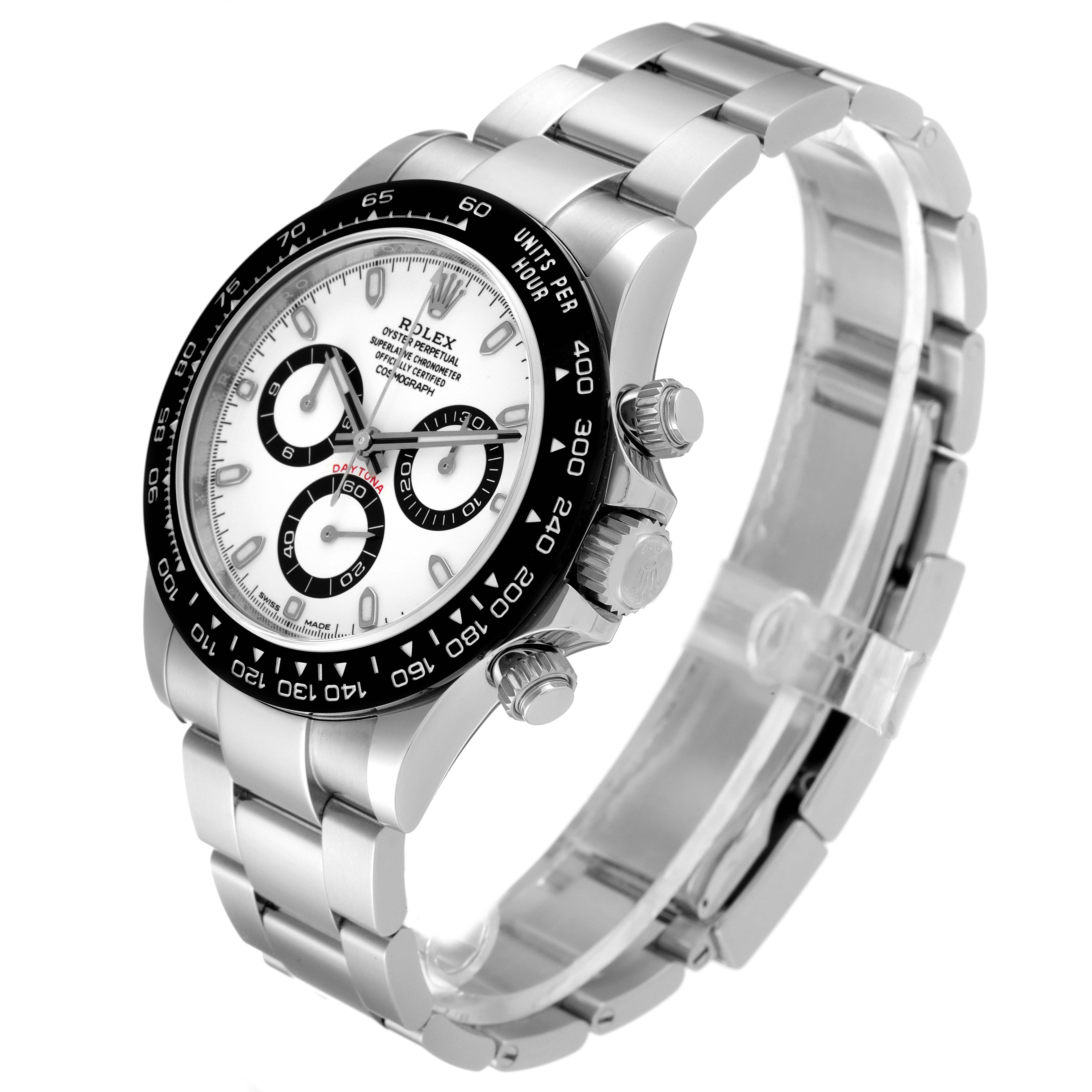 The Rolex Daytona 116500 Men's Stainless Steel White Dial 116500 Men's Stainless Steel White Dial watch is shown at a slight angle, highlighting the face, crown, pushers, and part of the bracelet.