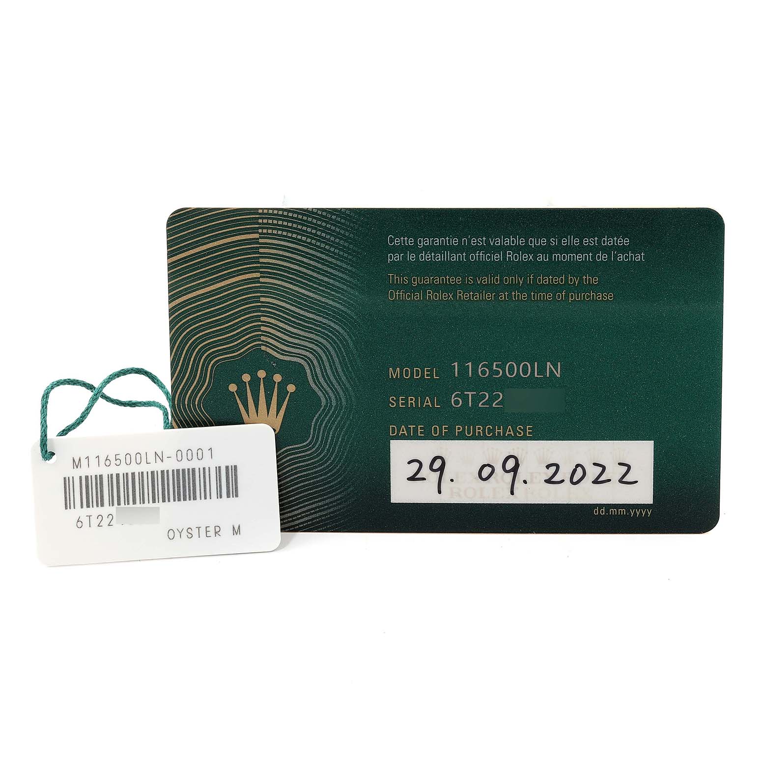 The image shows the tag and warranty card for a Rolex Daytona 116500 Men's Stainless Steel White Dial 116500 Men's Stainless Steel White Dial model 116500LN with the purchase date of 29.09.2022.