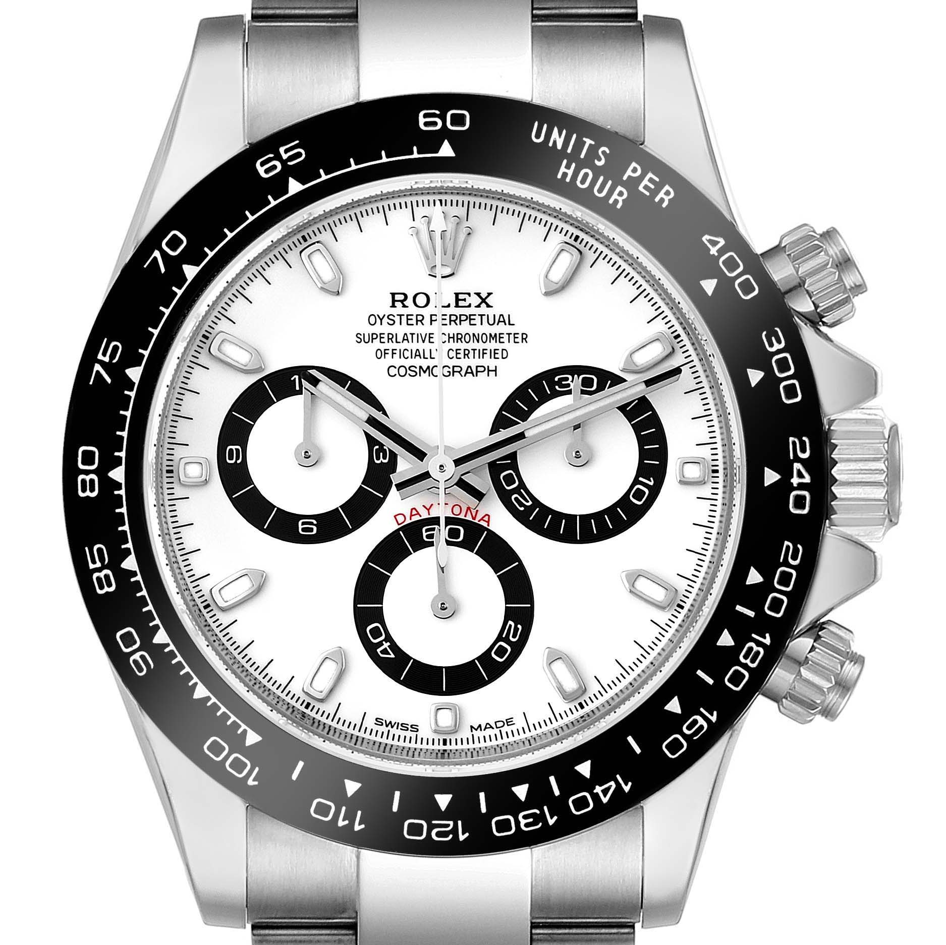 This Rolex Daytona 116500 Men's Stainless Steel White Dial 116500 Men's Stainless Steel White Dial watch is shown from a front angle, focusing on its face, bezel, and part of the bracelet.