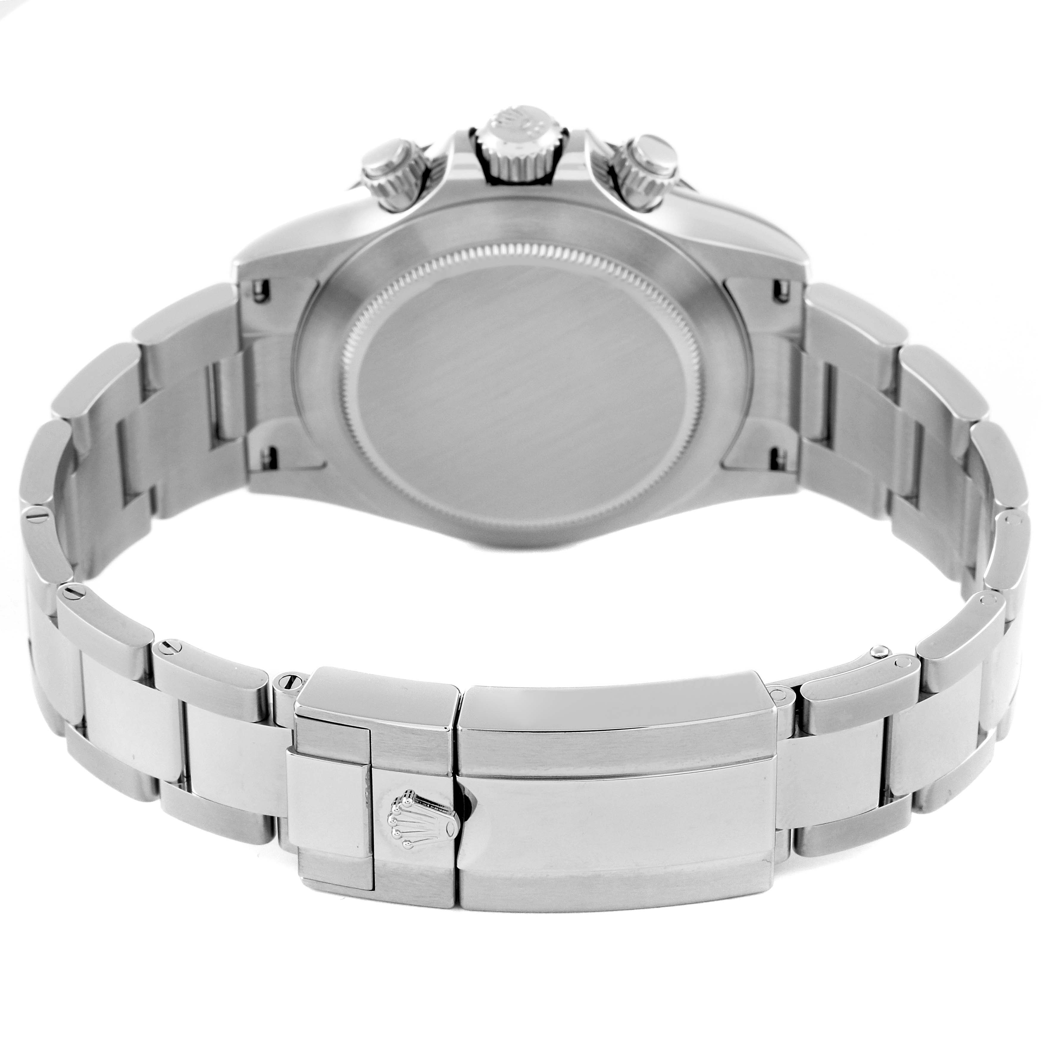 This image shows the backside and clasp of a Rolex Daytona 116500 Men's Stainless Steel White Dial 116500 Men's Stainless Steel White Dial watch, highlighting the bracelet and caseback.