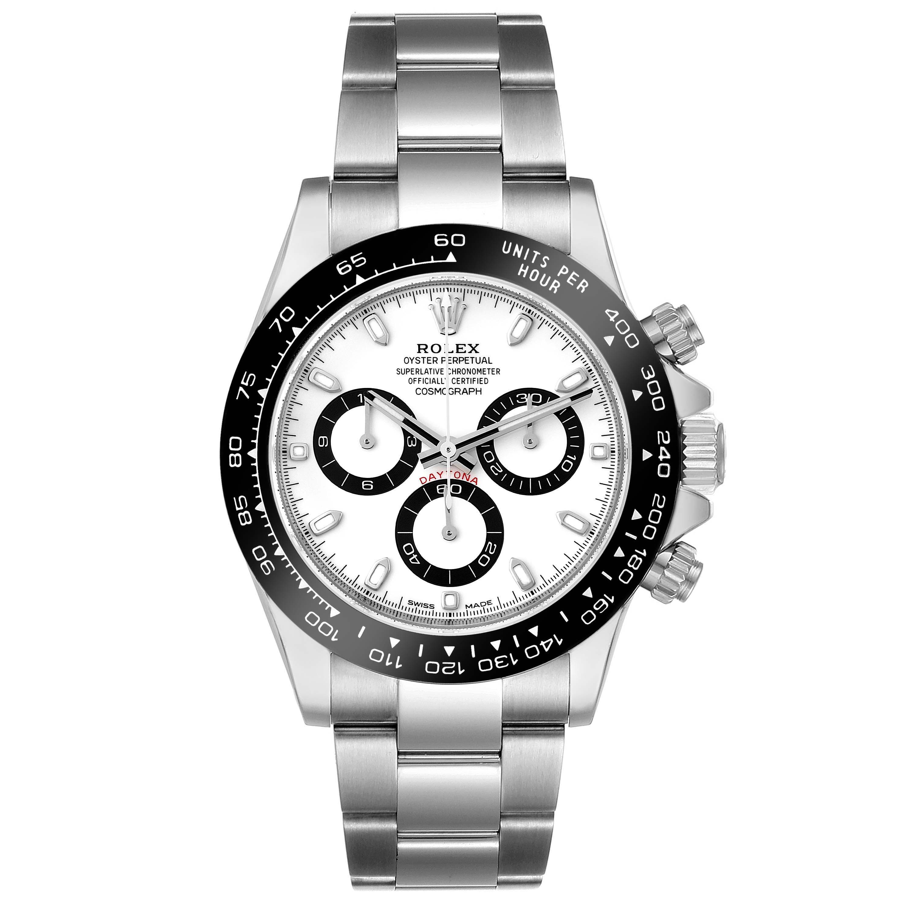 This image shows a front view of the Rolex Daytona 116500 Men's Stainless Steel White Dial 116500 Men's Stainless Steel White Dial watch, highlighting its dial, bezel, and stainless steel bracelet.