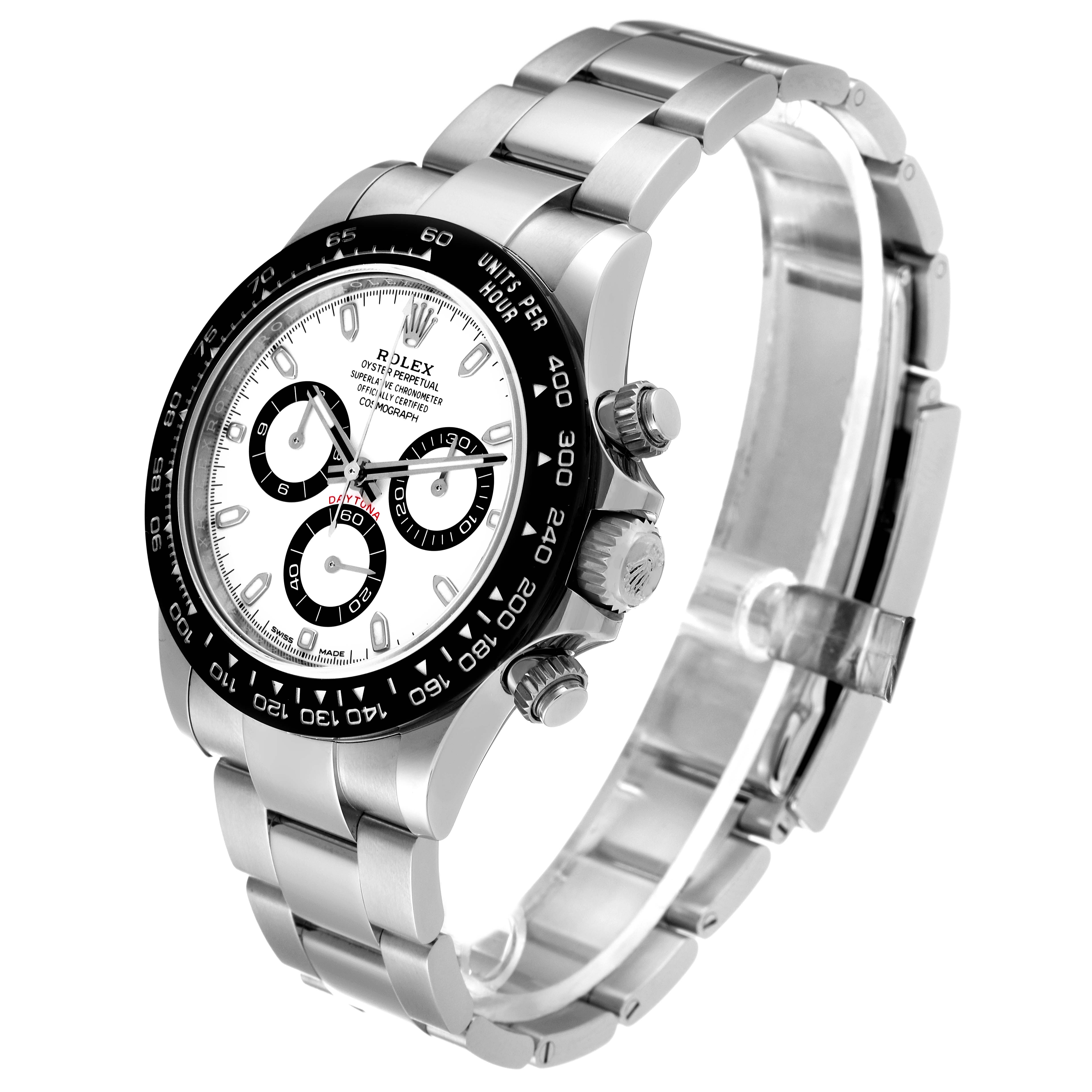 The image shows a Rolex Daytona 116500 Men's Stainless Steel White Dial 116500 Men's Stainless Steel White Dial watch at a three-quarter angle, highlighting the face, bezel, and bracelet.