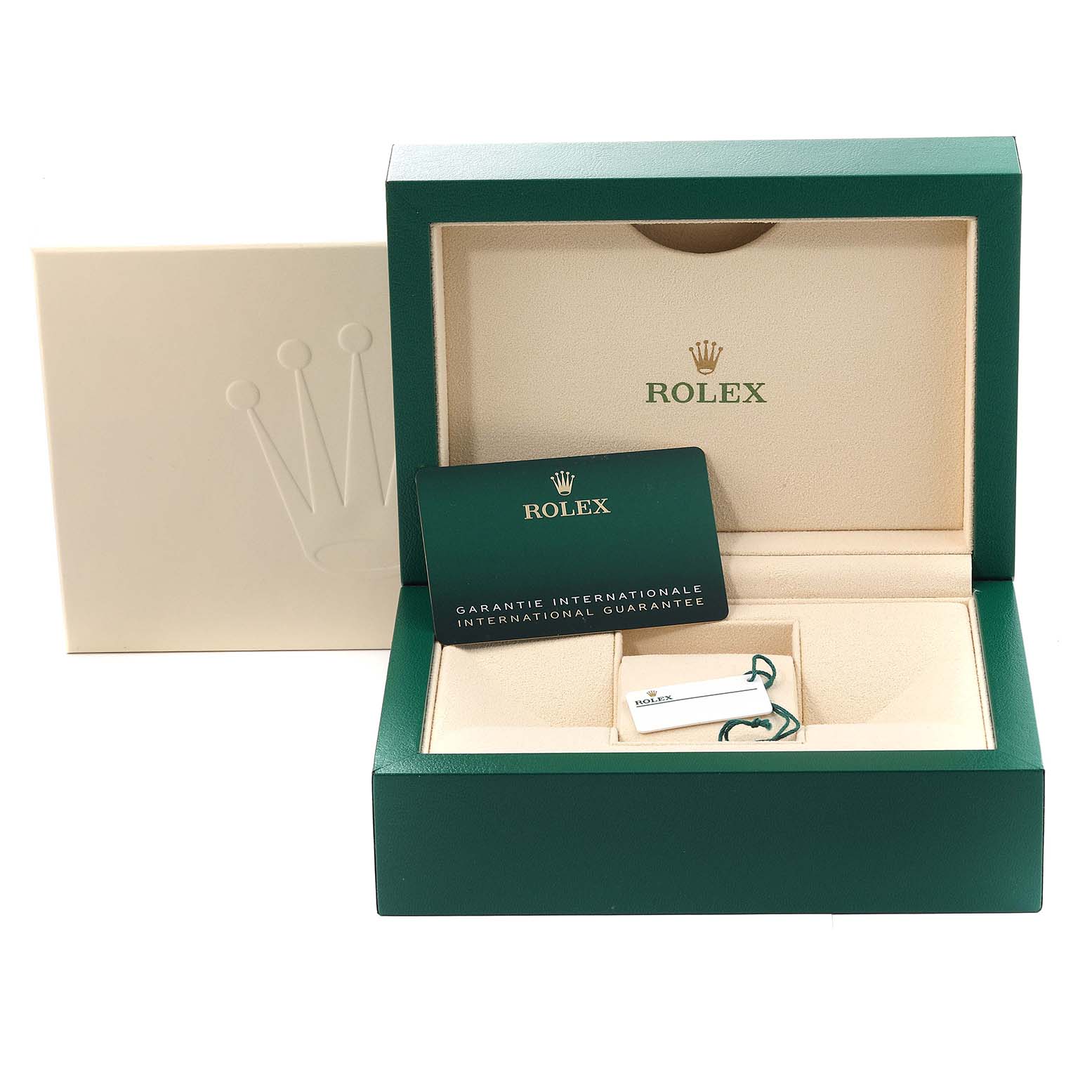 The image shows the packaging box, warranty card, and accessories for a Rolex Daytona 116500 Men's Stainless Steel White Dial 116500 Men's Stainless Steel White Dial model watch, viewed from the front.