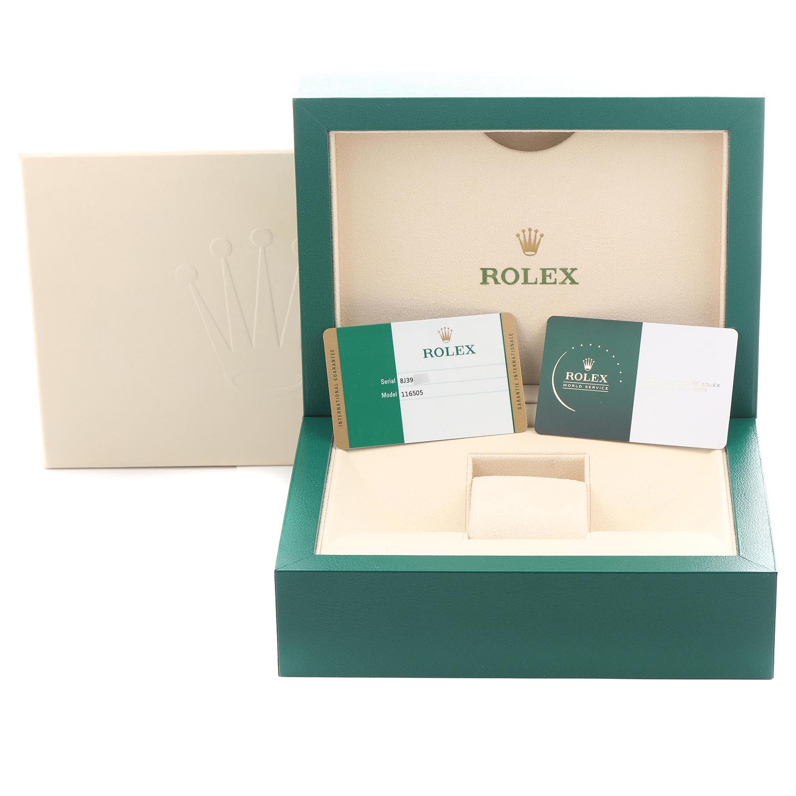 The image shows a Rolex Daytona 116505 Men's Rose Gold Black Dial 116505 Men's Rose Gold Black Dial watch box set with warranty and information cards, focusing on the packaging.