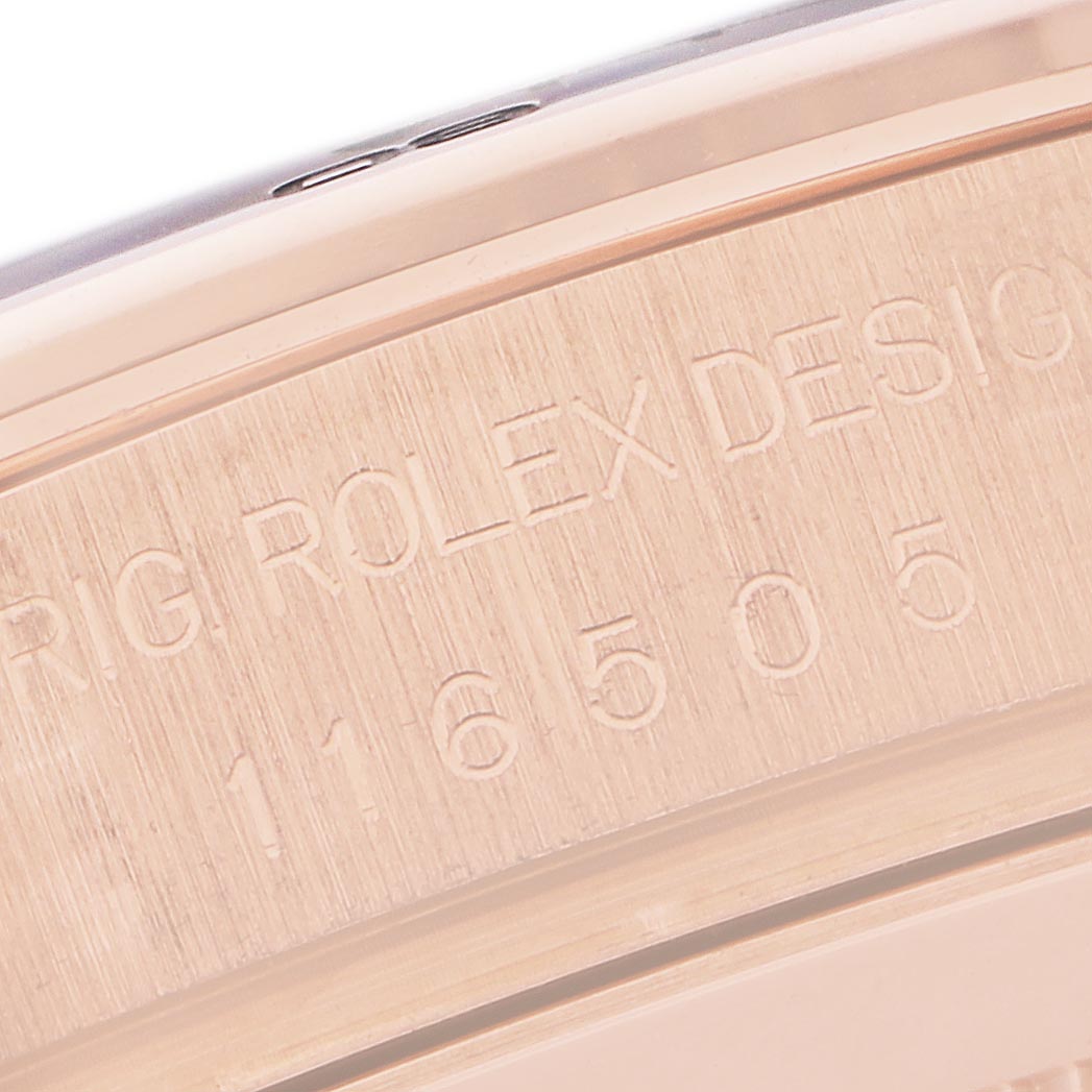 The image shows a close-up of the Rolex Daytona 116505 Men's Rose Gold Black Dial 116505 Men's Rose Gold Black Dial's case side, displaying engraved text with the model number 116505.