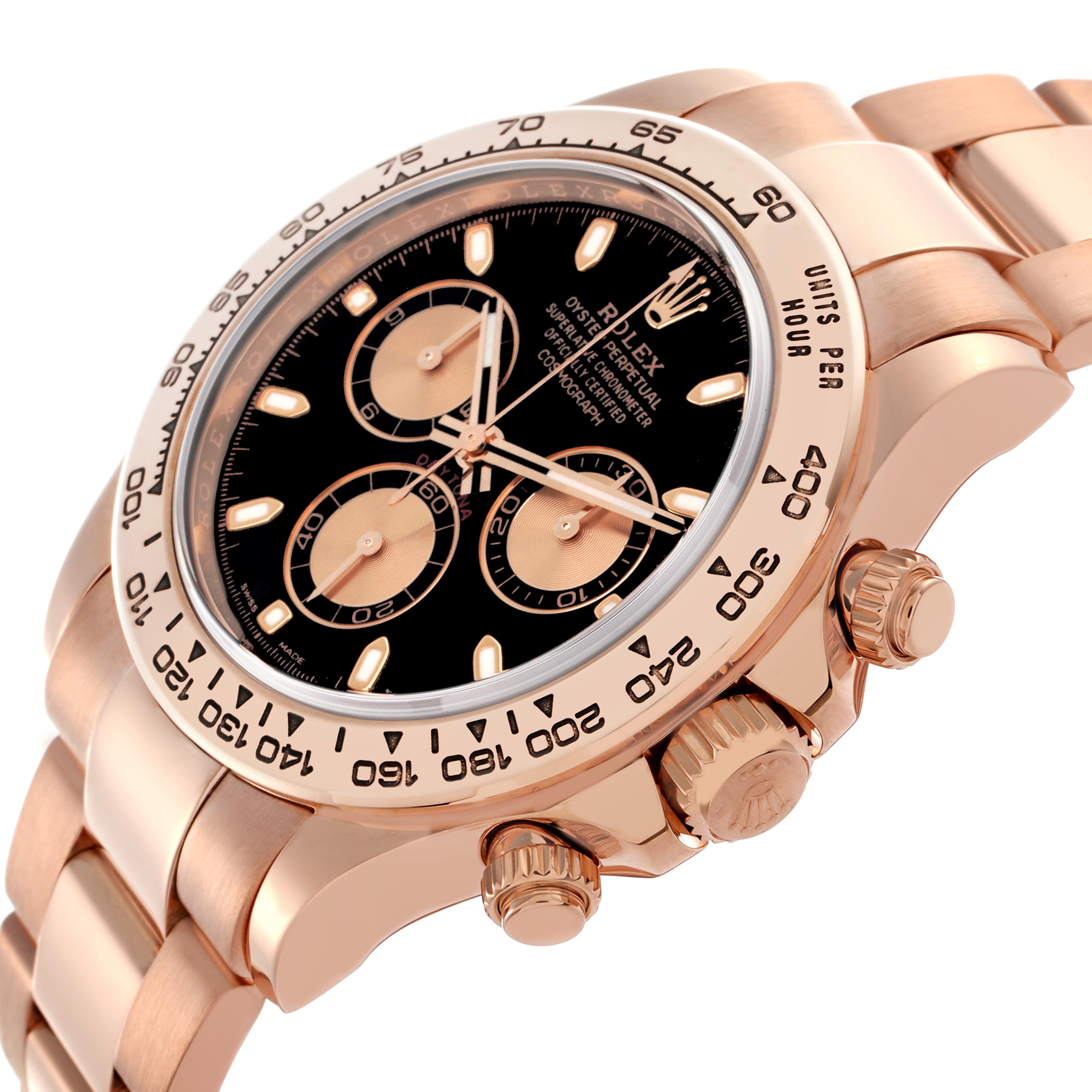 The Rolex Daytona 116505 Men's Rose Gold Black Dial 116505 Men's Rose Gold Black Dial watch is shown at an angle highlighting the side, bezel, and pushers.