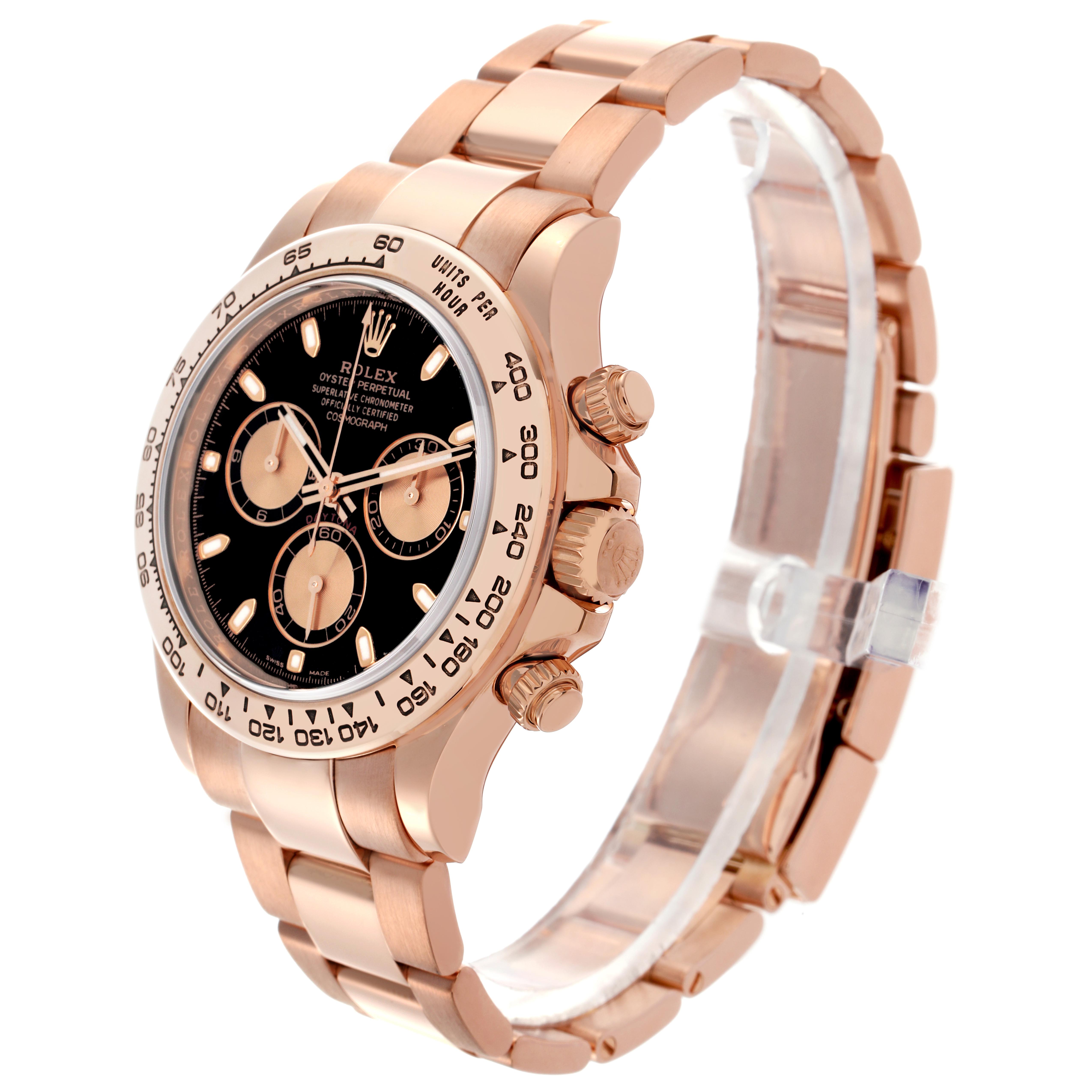 The Rolex Daytona 116505 Men's Rose Gold Black Dial 116505 Men's Rose Gold Black Dial watch is shown at a three-quarter angle, highlighting the bezel, dial, bracelet, and side buttons.