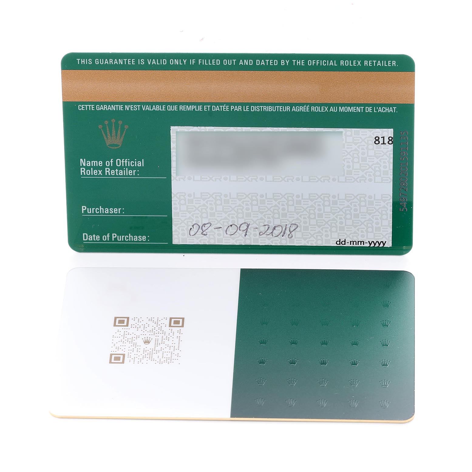 The image shows a Rolex Daytona 116505 Men's Rose Gold Black Dial 116505 Men's Rose Gold Black Dial guarantee card with details like purchase date and a QR code, viewed from above.