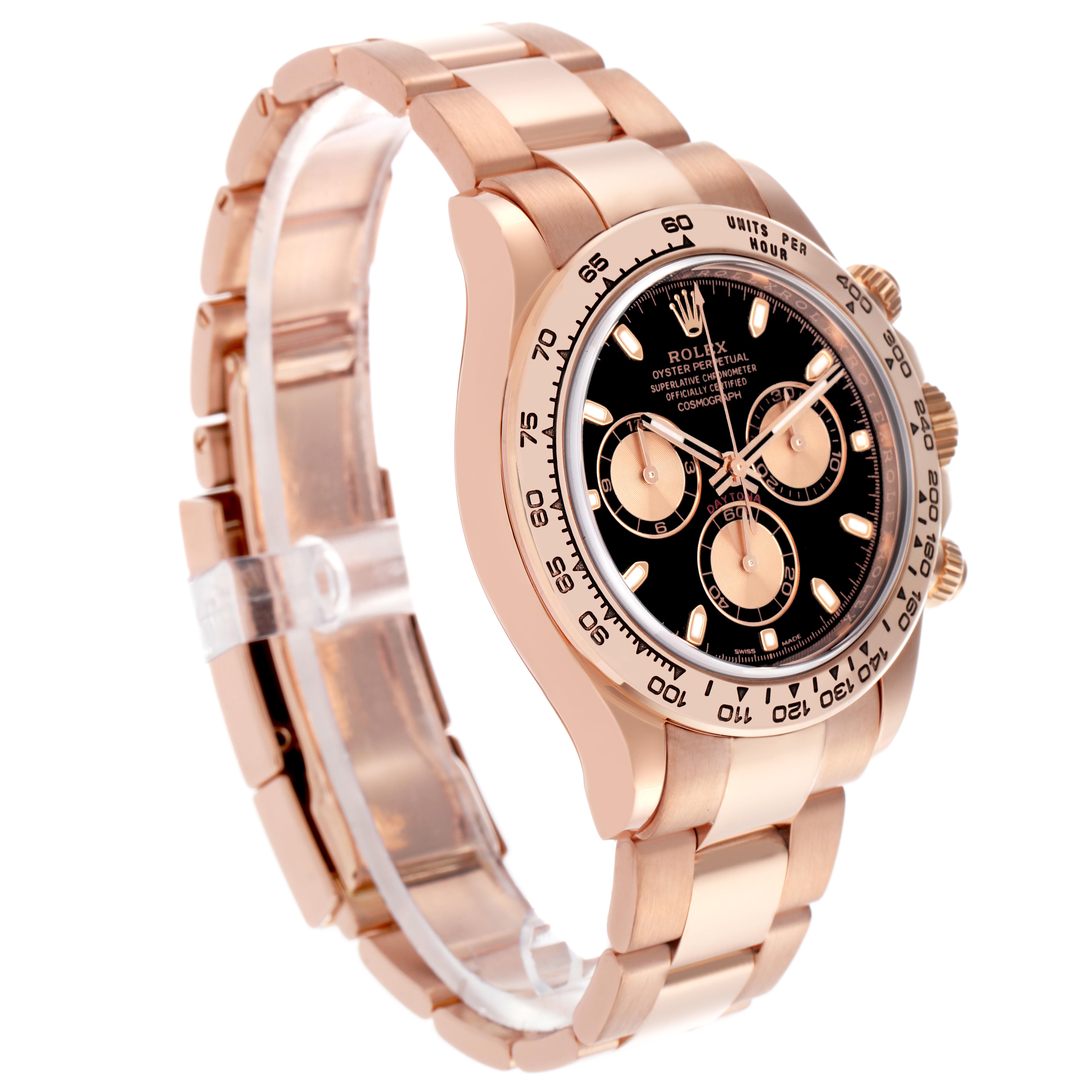 The Rolex Daytona 116505 Men's Rose Gold Black Dial 116505 Men's Rose Gold Black Dial watch is shown in a slightly angled side view, showcasing its bracelet, bezel, and dial.